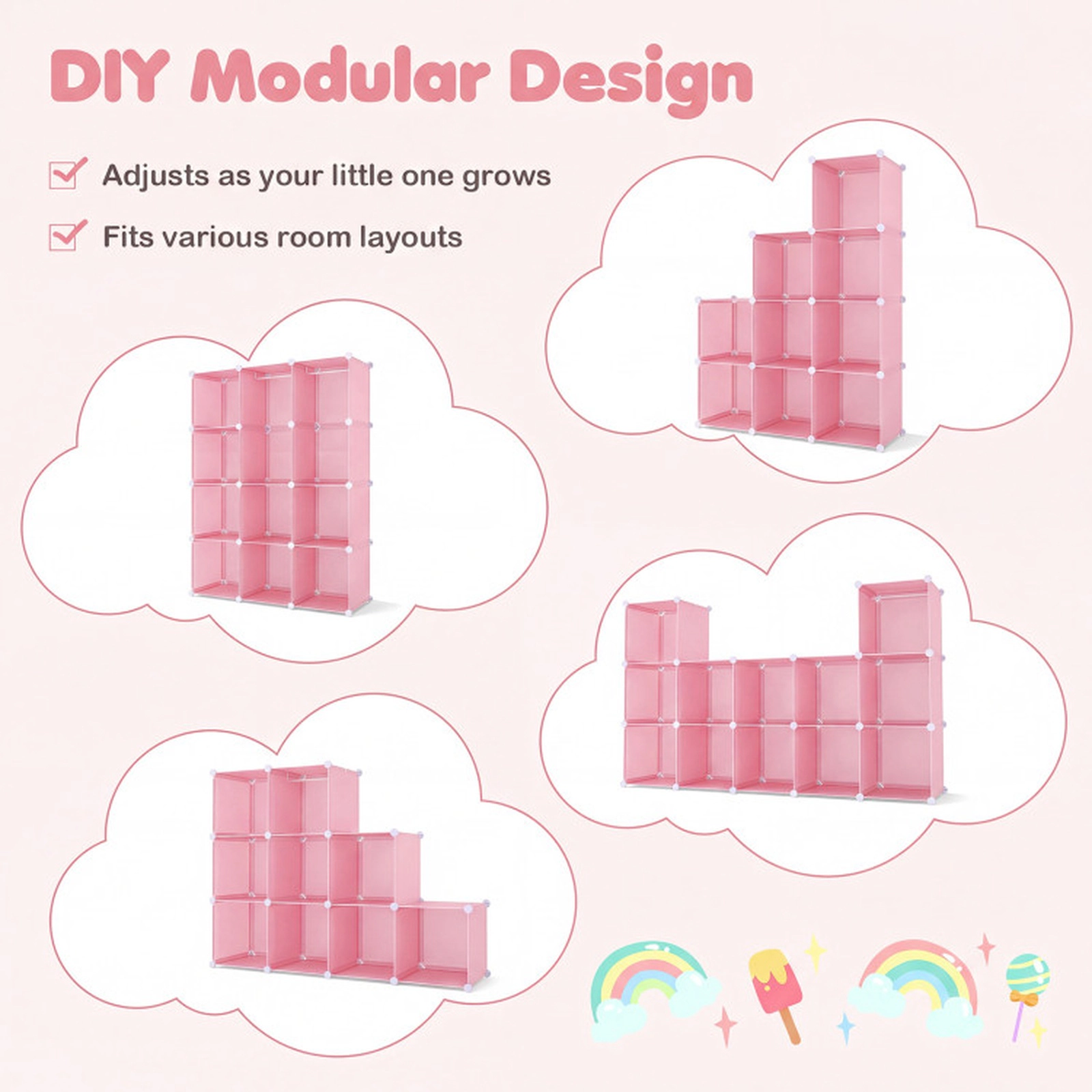 SUGIFT Kids 10-Cube Stackable Hanging Rod Modular Wardrobe Closet 43-in x 14-in x 57-in 6.5-lb per Cube Pink