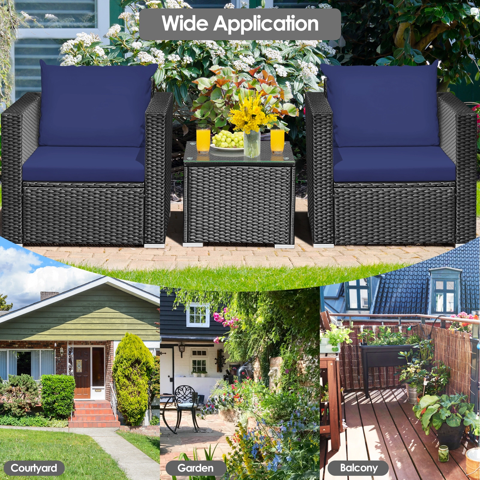 SUGIFT Steel Frame Patio Wicker Conversation Set with Cushions 400-lb Sofa Capacity Navy Black Rattan