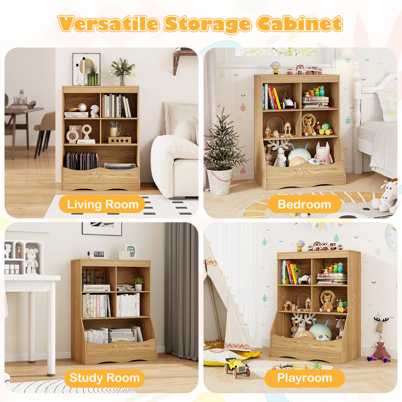 SUGIFT Kids 3-Tier Large Storage Bin 4 Cubbies Wooden Floor Bookcase 26.5-in x 16-in x 34.5-in 44-lb Bin Natural