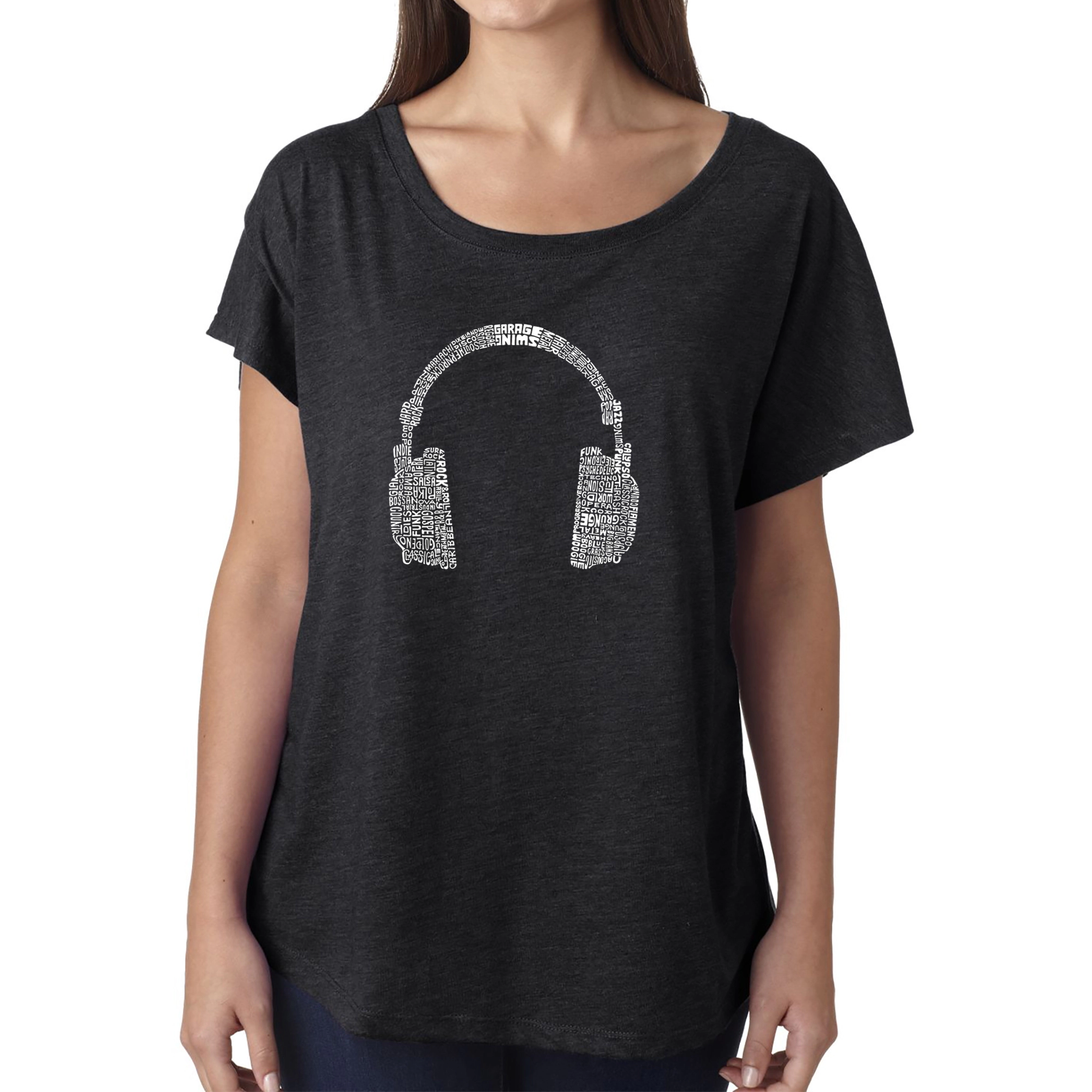 LA Pop Art Women's Dolman Word Shirt - 63 Different Genres Of Music