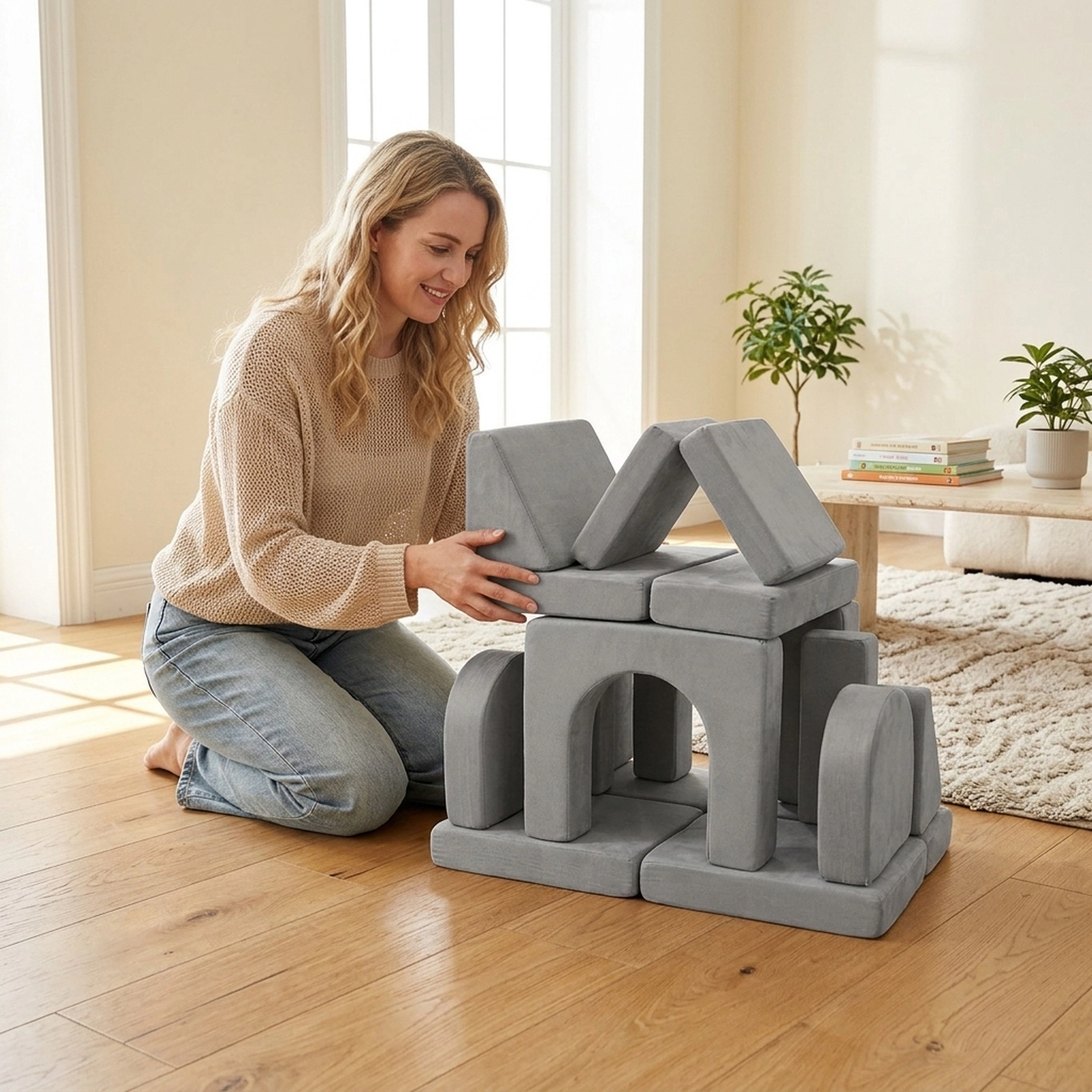 8-Piece Modular Kids Play Couch 56-in Toddler Foam Sofa with Wear-Resistant Suede Covers Zip-Off Machine-Washable Gray