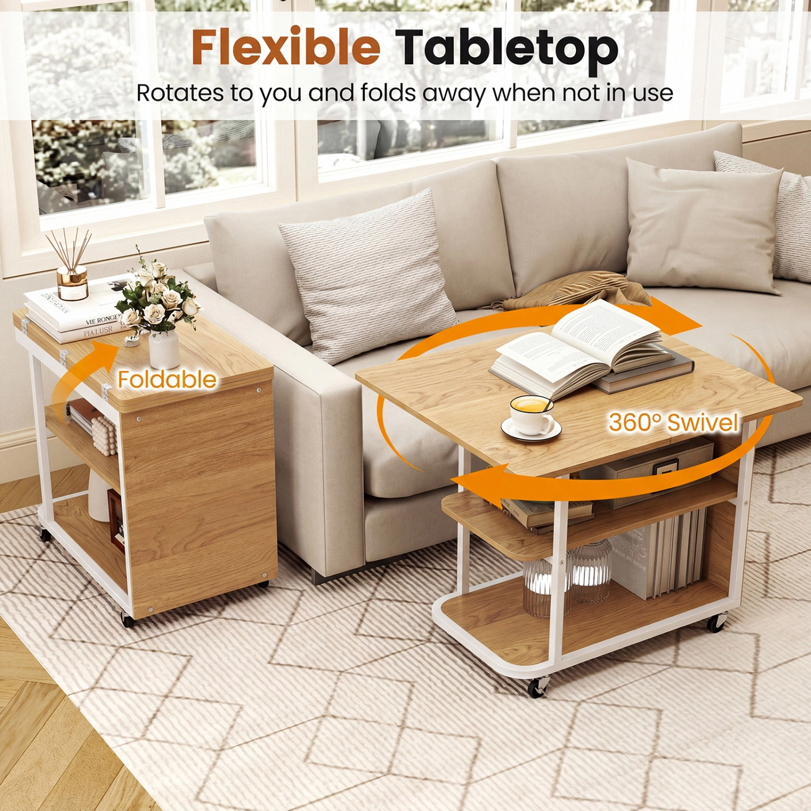 SUGIFT Mobile Night Stand with Foldable Swivel Top and 2-Tier Shelf 100-lb Tabletop Capacity Natural & White