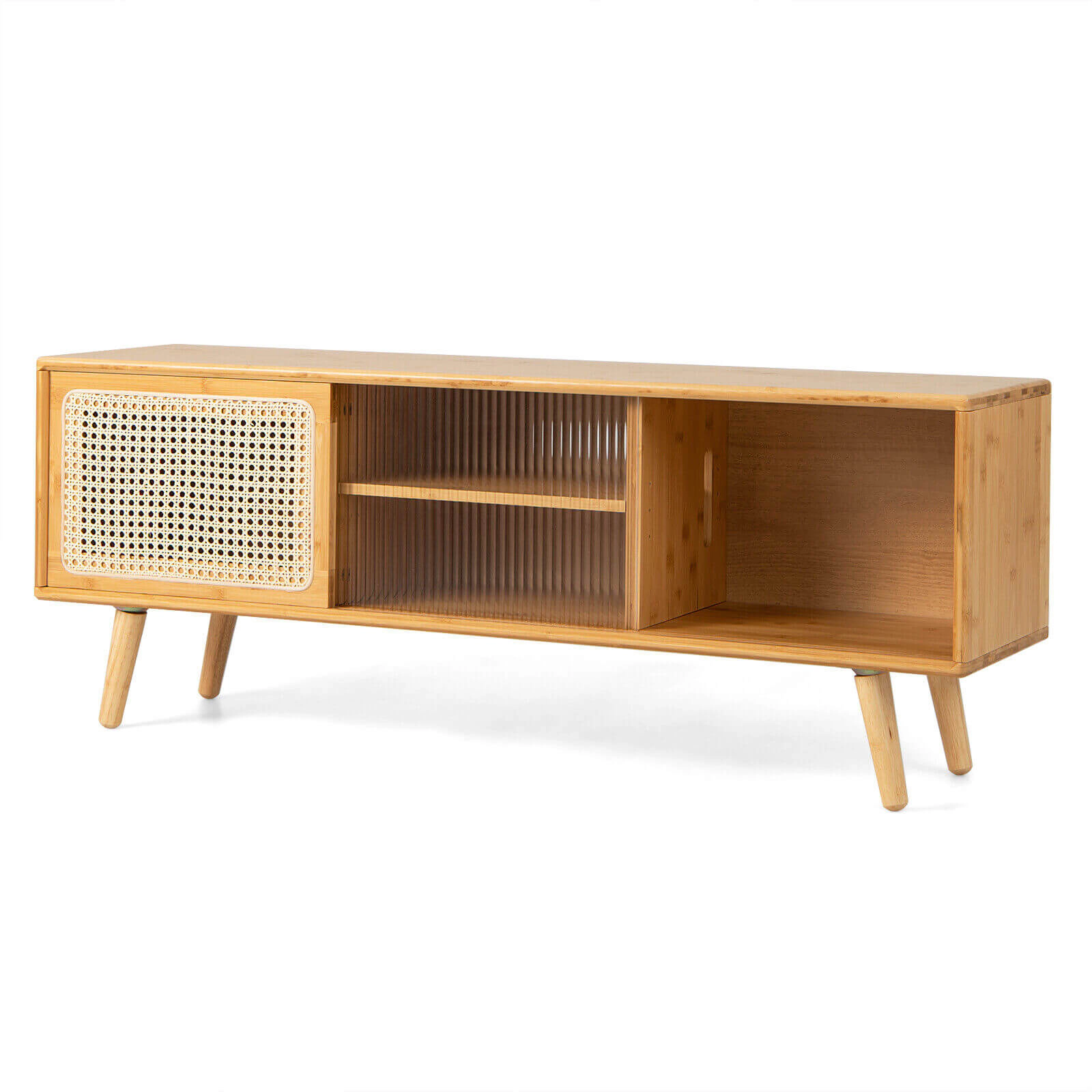 SUGIFT 47.5-In Natural Bamboo TV Stand with Rattan Glass Sliding Doors