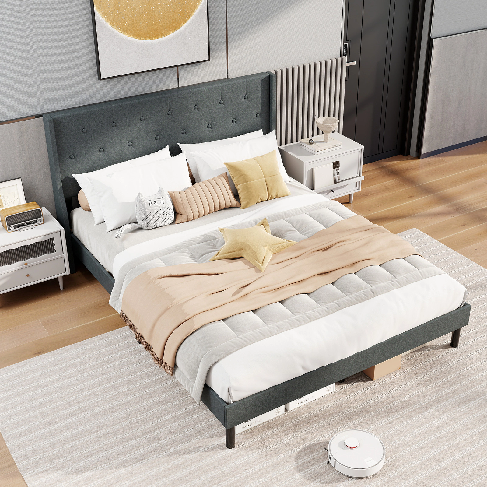 LJG Queen Size Upholstered Bed Frame with Button Tufted Wingback Headboard and Wooden Slats Support Mattress Foundation