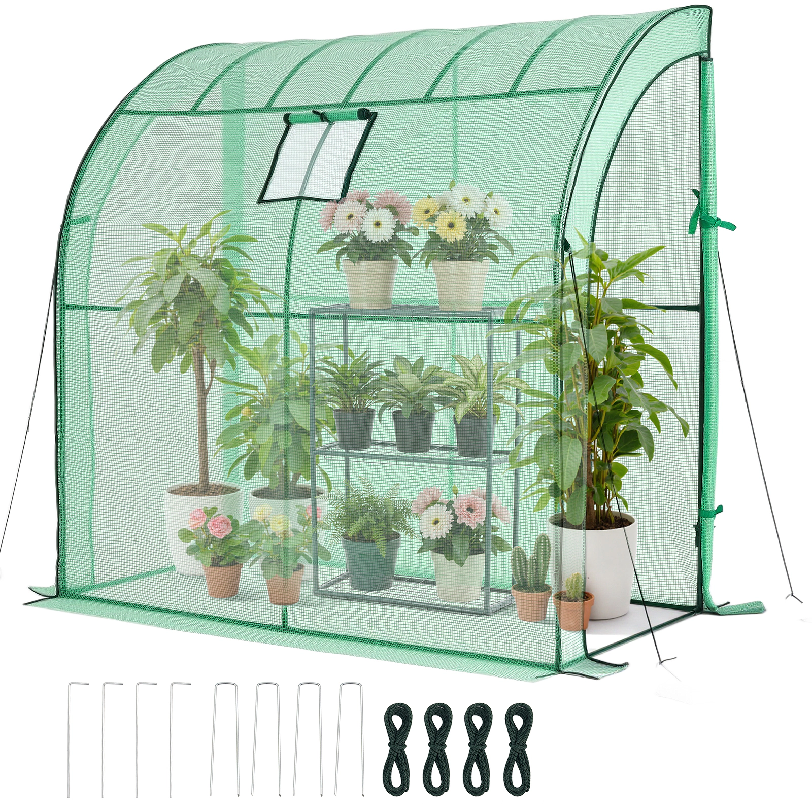 HONGGE Walk-in Green House Greenhouse with Shelves High Strength PE Cover with Zipper Door and Steel Frame Assembly in