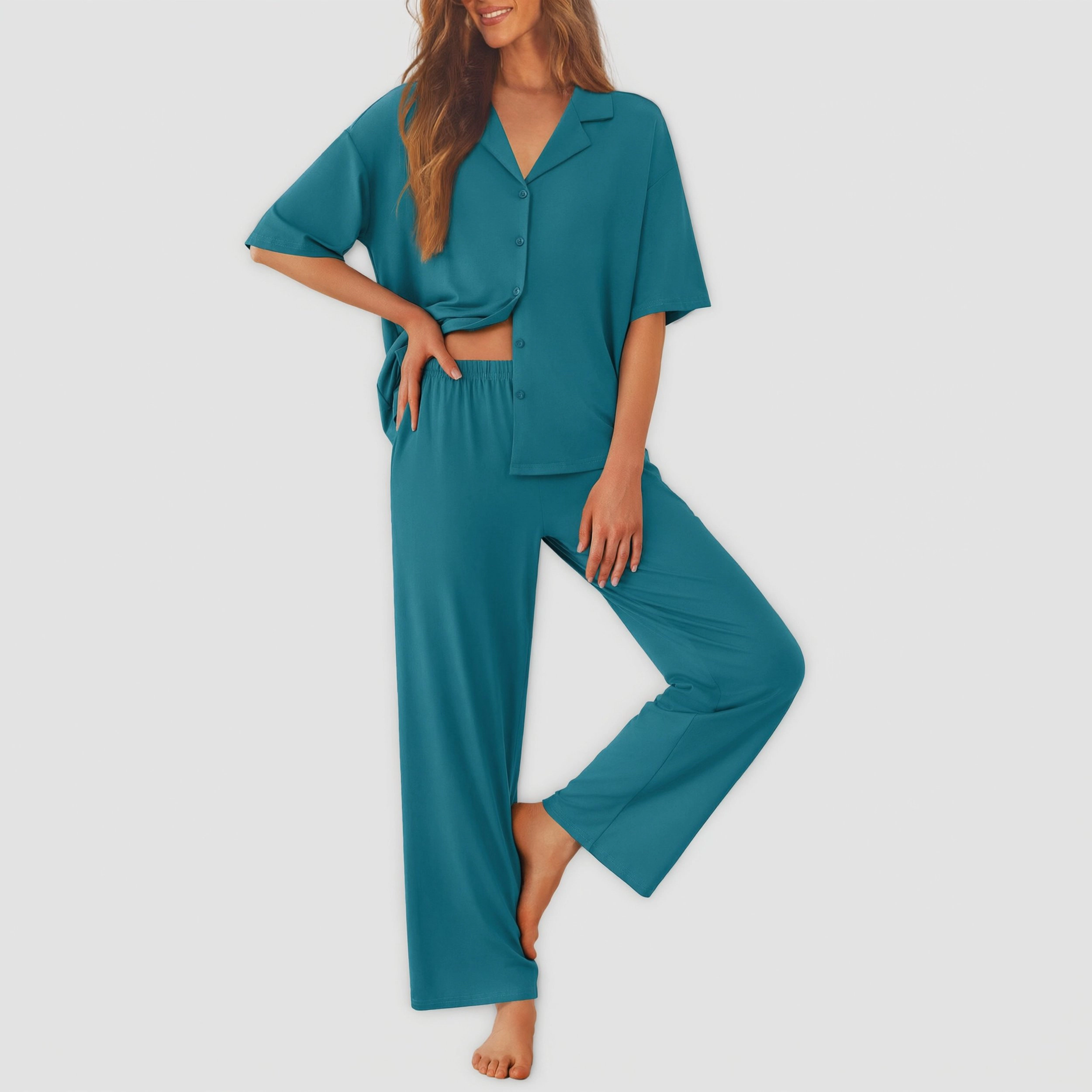 Ekouaer Women Pajamas Set Button Down Sleepwear Short Sleeve Pjs Soft Nightwear with Long Pants