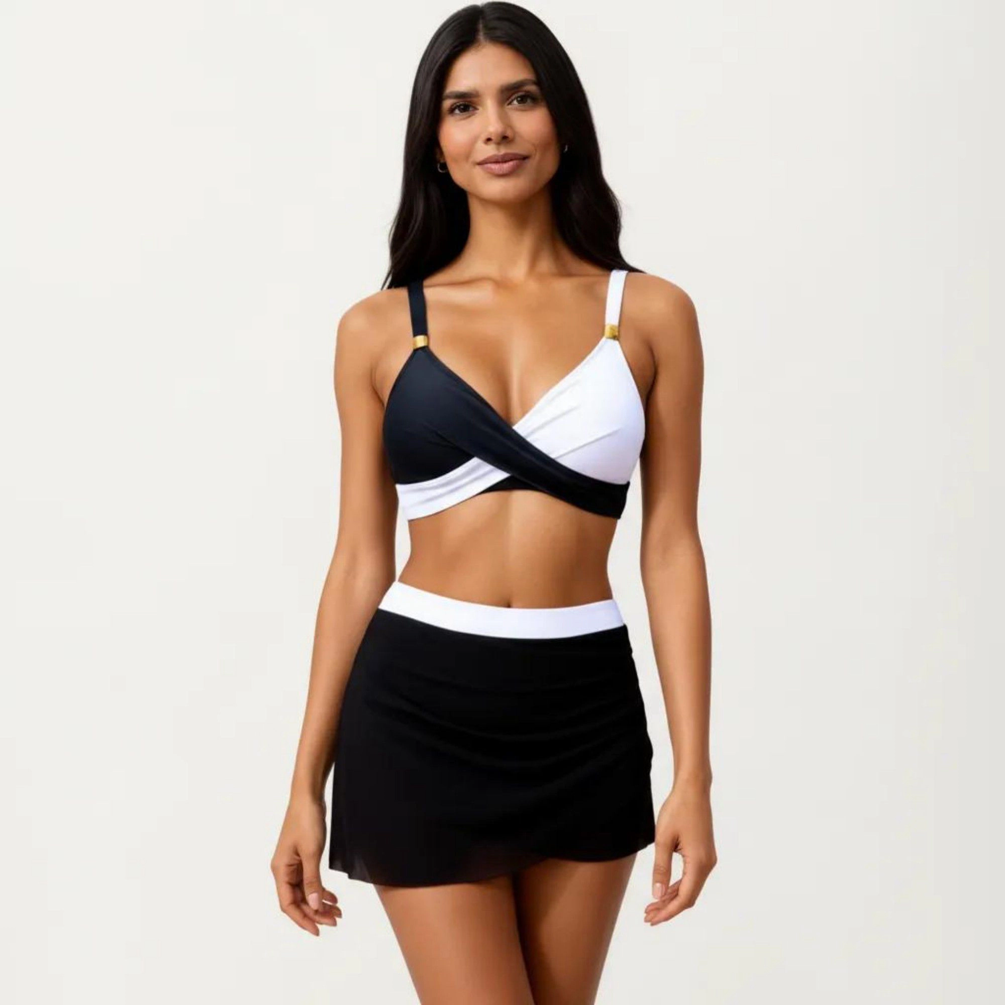 Anna-Kaci Women Crisscross Bralette Two-Piece Swim Set with Ruched Skirted Bottom