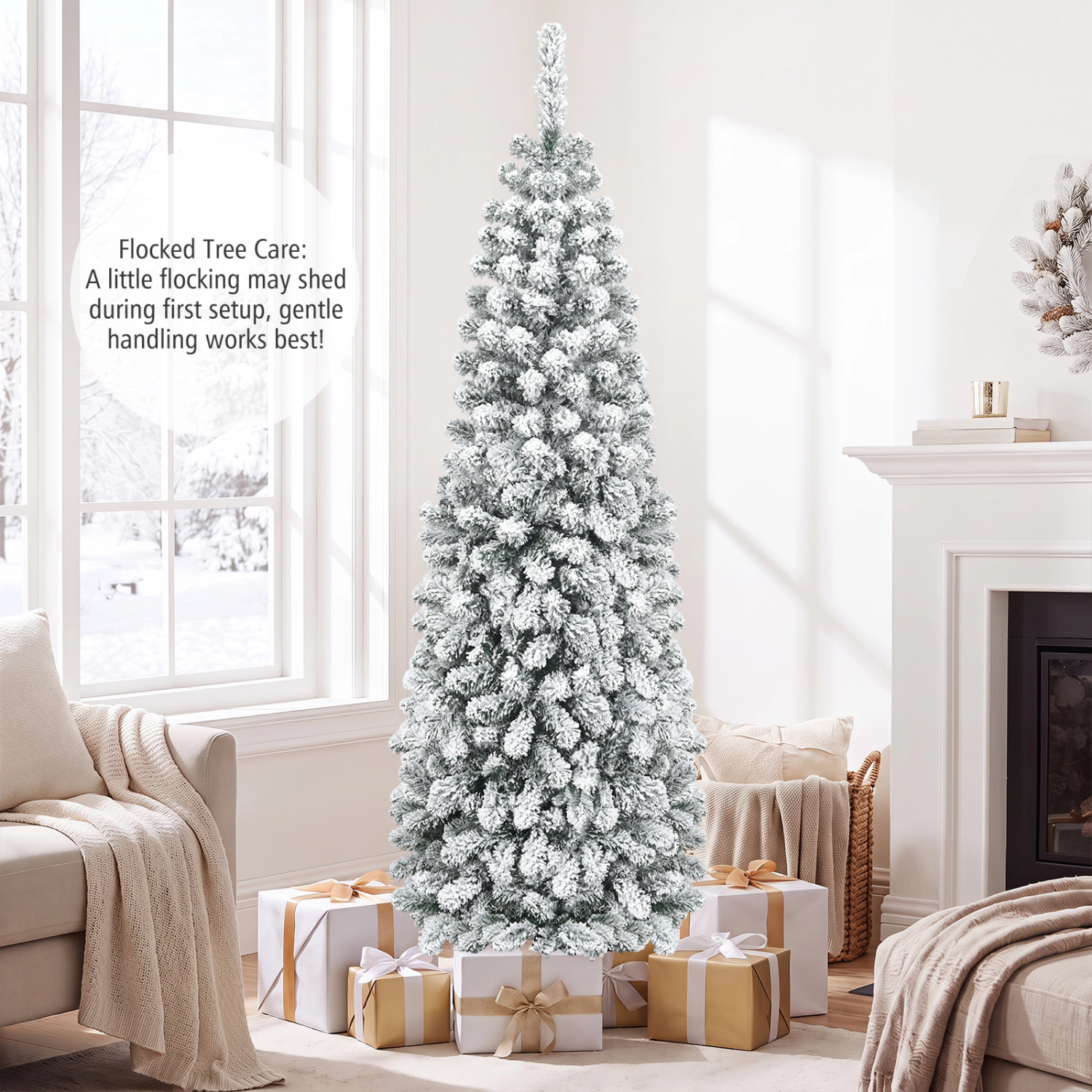 LJG 6 Feet Unlit Hinged Snow Flocked Artificial Pencil Christmas Tree with 500 Branch Tip