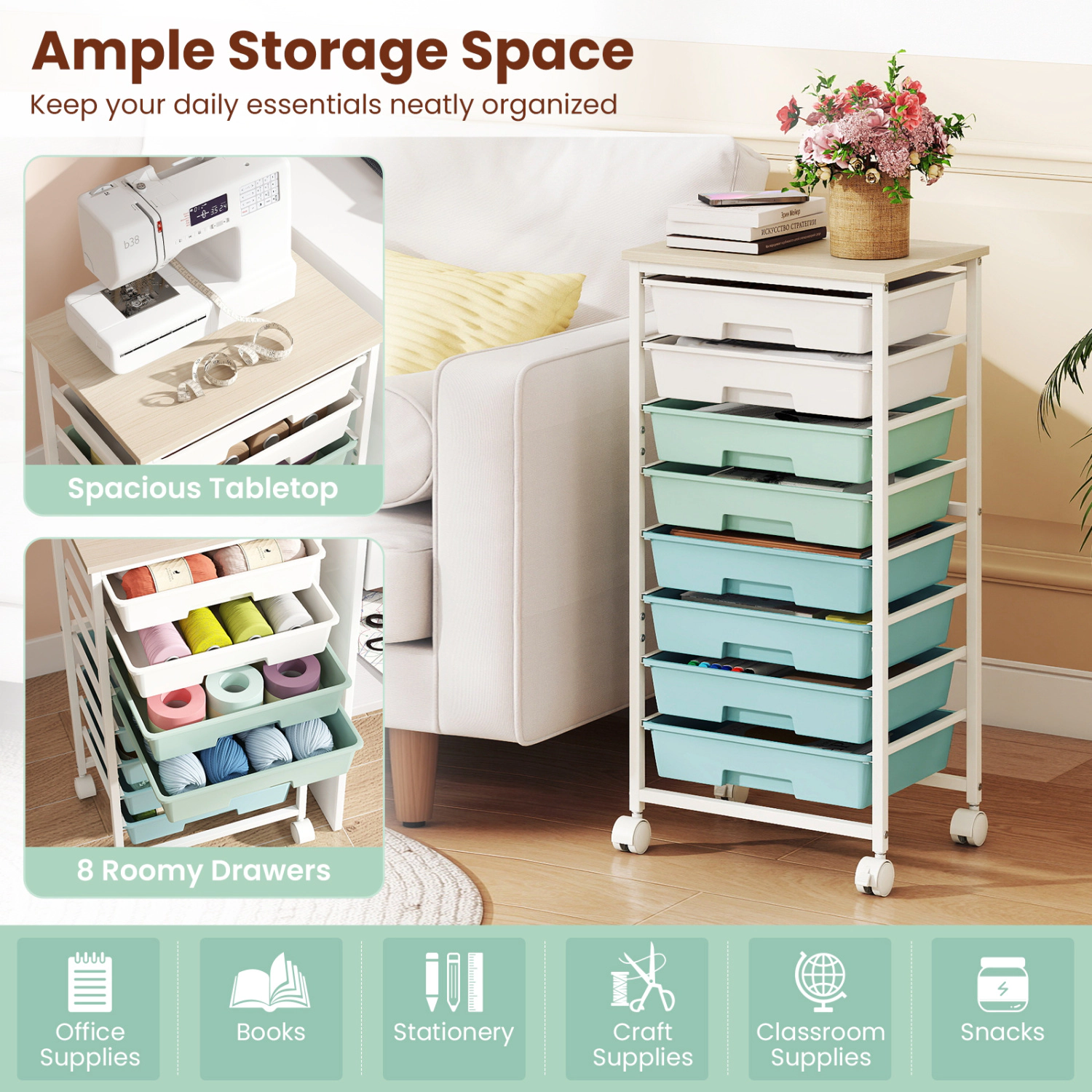 LJG Rolling Cart with 8 Drawers and Wooden Tabletop Lockable Wheels for Home Office