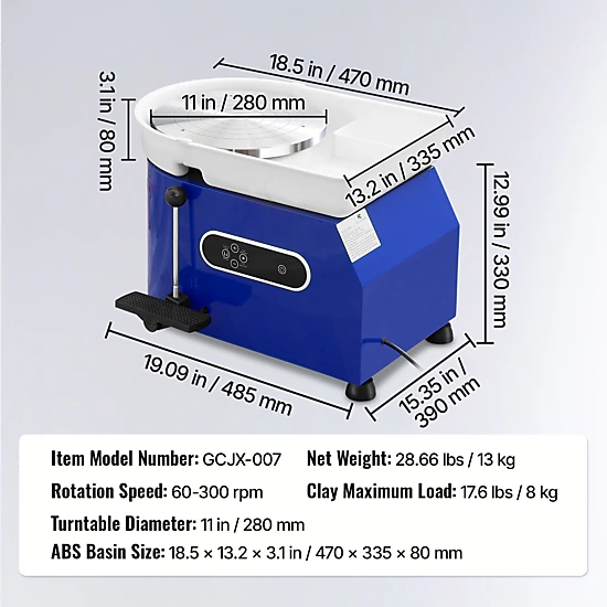 HONGGE Pottery Wheel 11 in Clay Wheel Forming Machine 60-300 RPM Adjustable Speed with Handle and Pedal Control ABS