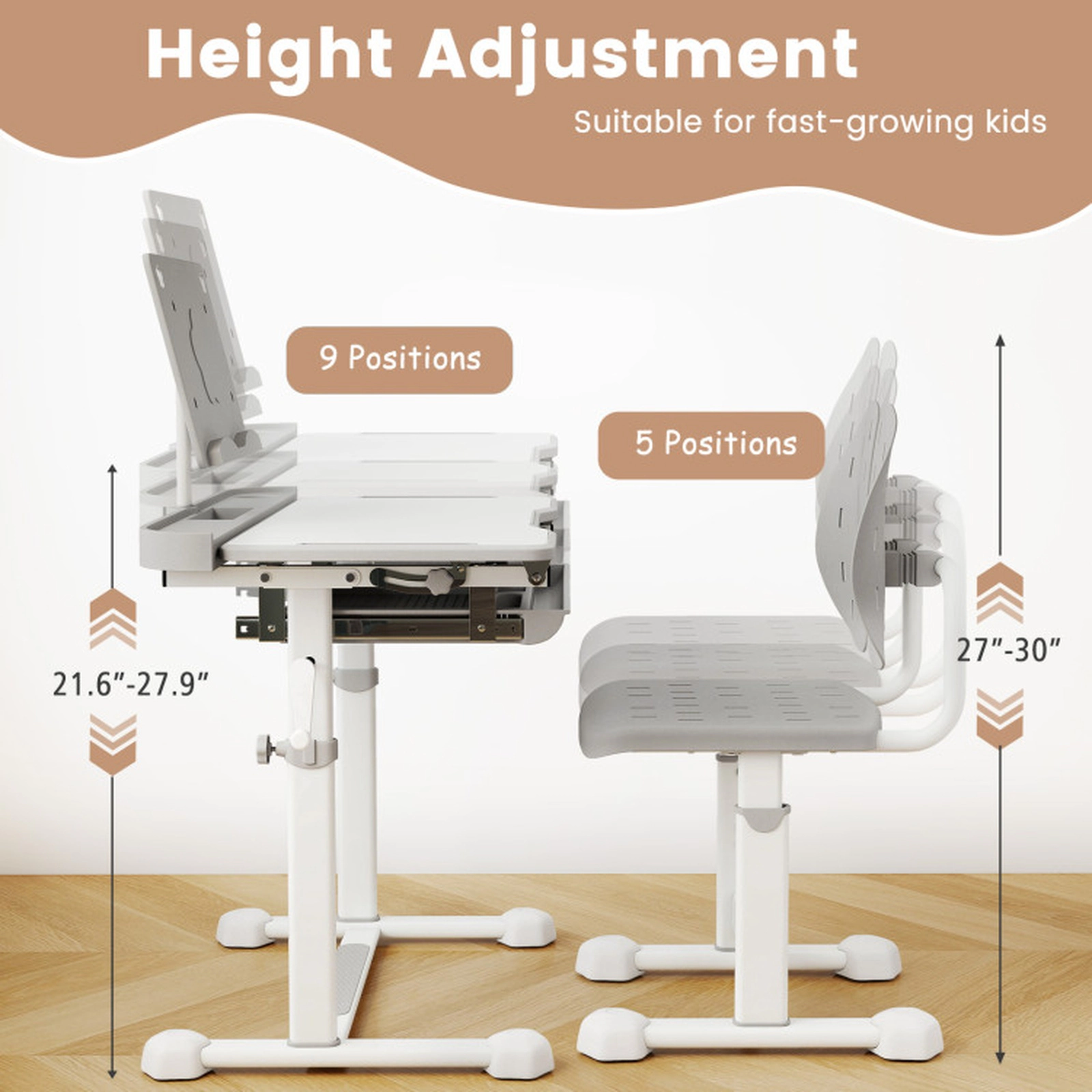 SUGIFT Gray Hand Crank Tilt Desktop and Book Stand Kids Study Desk and Chair Set