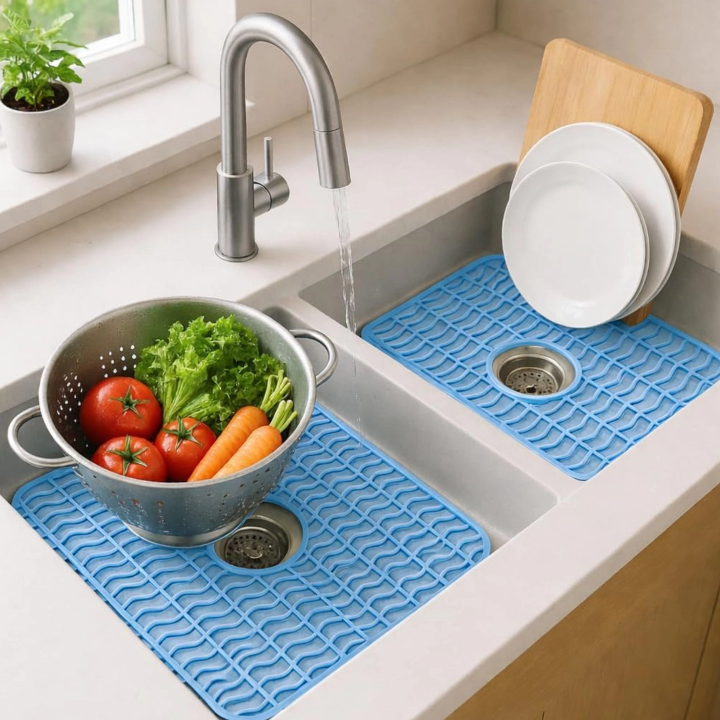 Stock Preferred Pack of 2 Plastic Sink Protector Mats with Center Drain Cutout 12 x 11 Inch