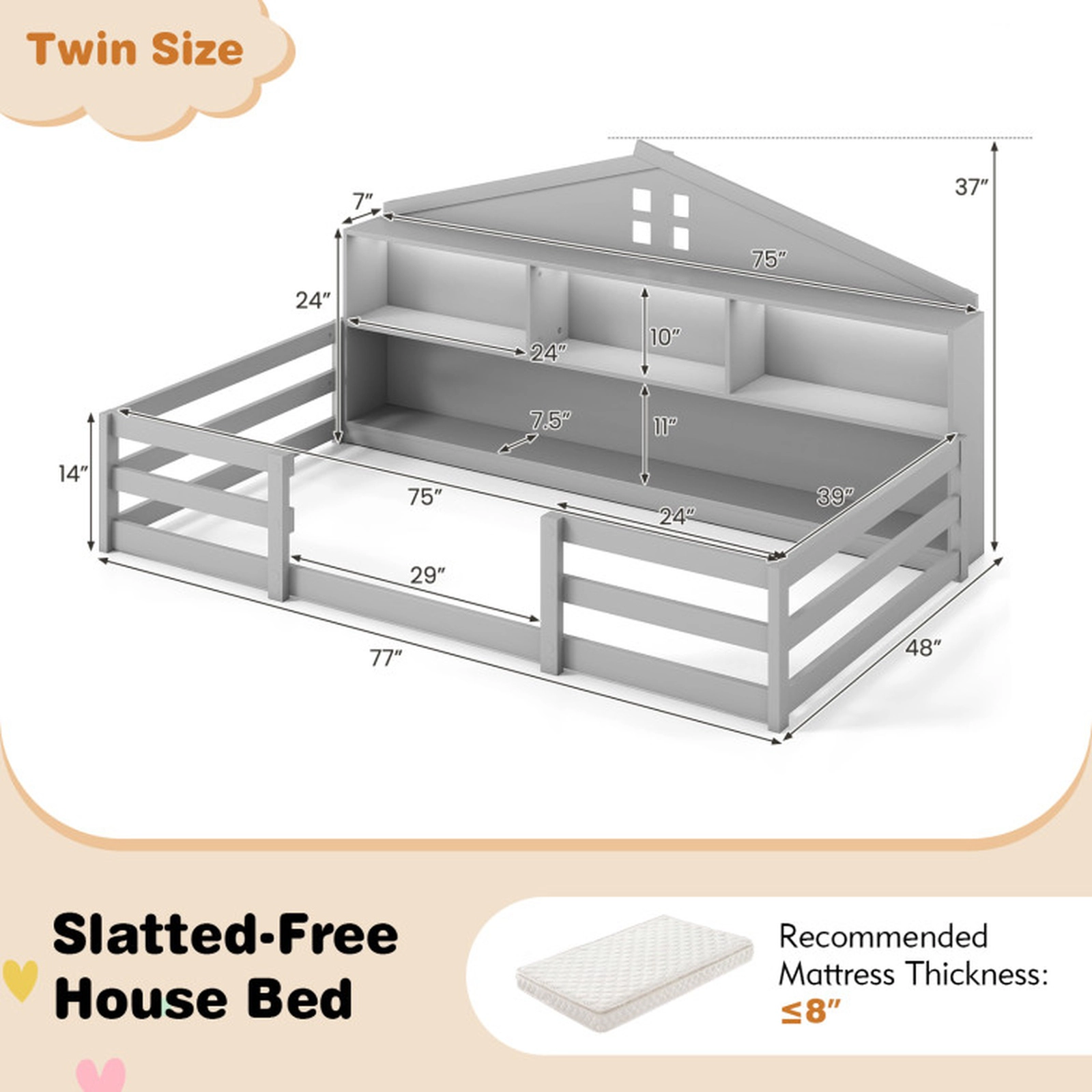 SUGIFT 2-in-1 Montessori Twin Floor Bed with Storage Compartments 50-lb Compartment Capacity Gray White Natural