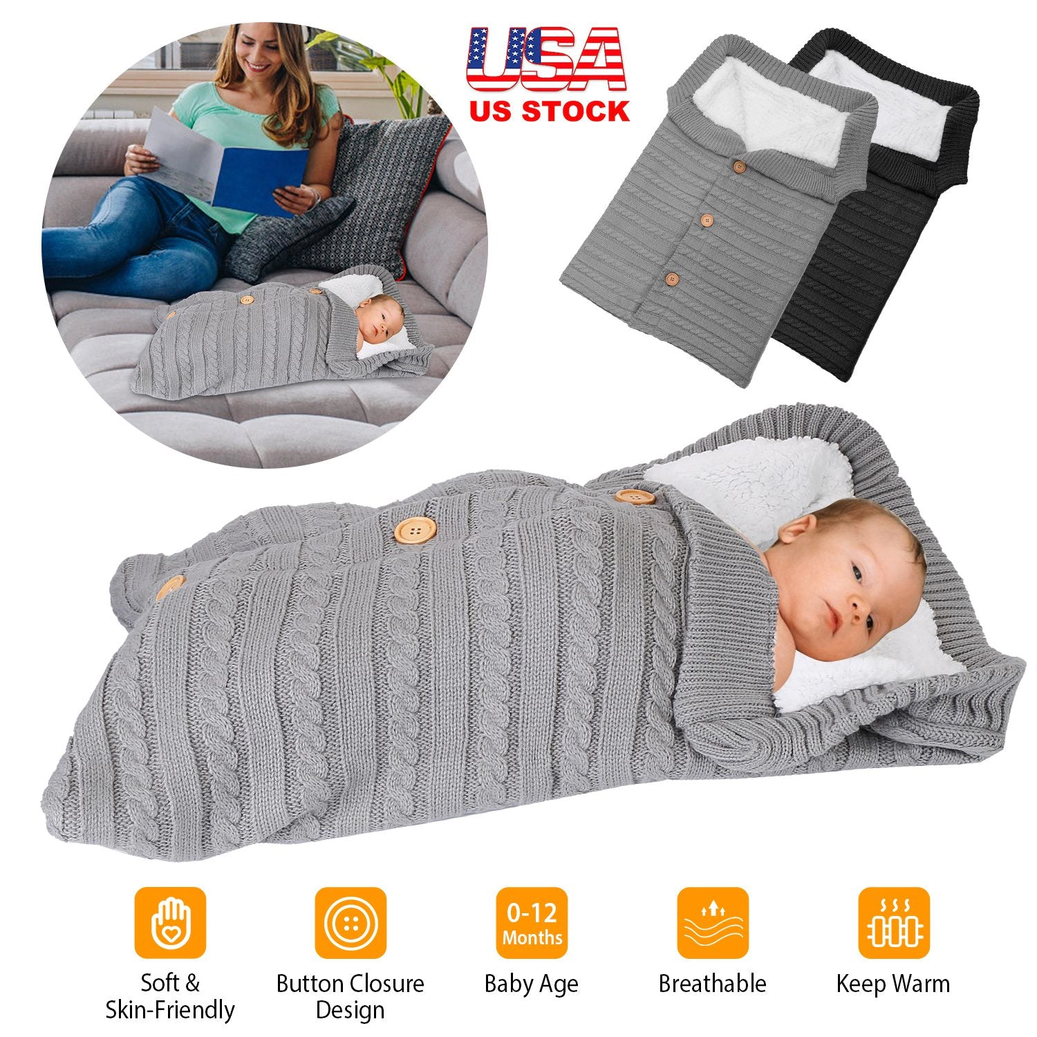 GBruno Knit Swaddle Blanket With Button Closure