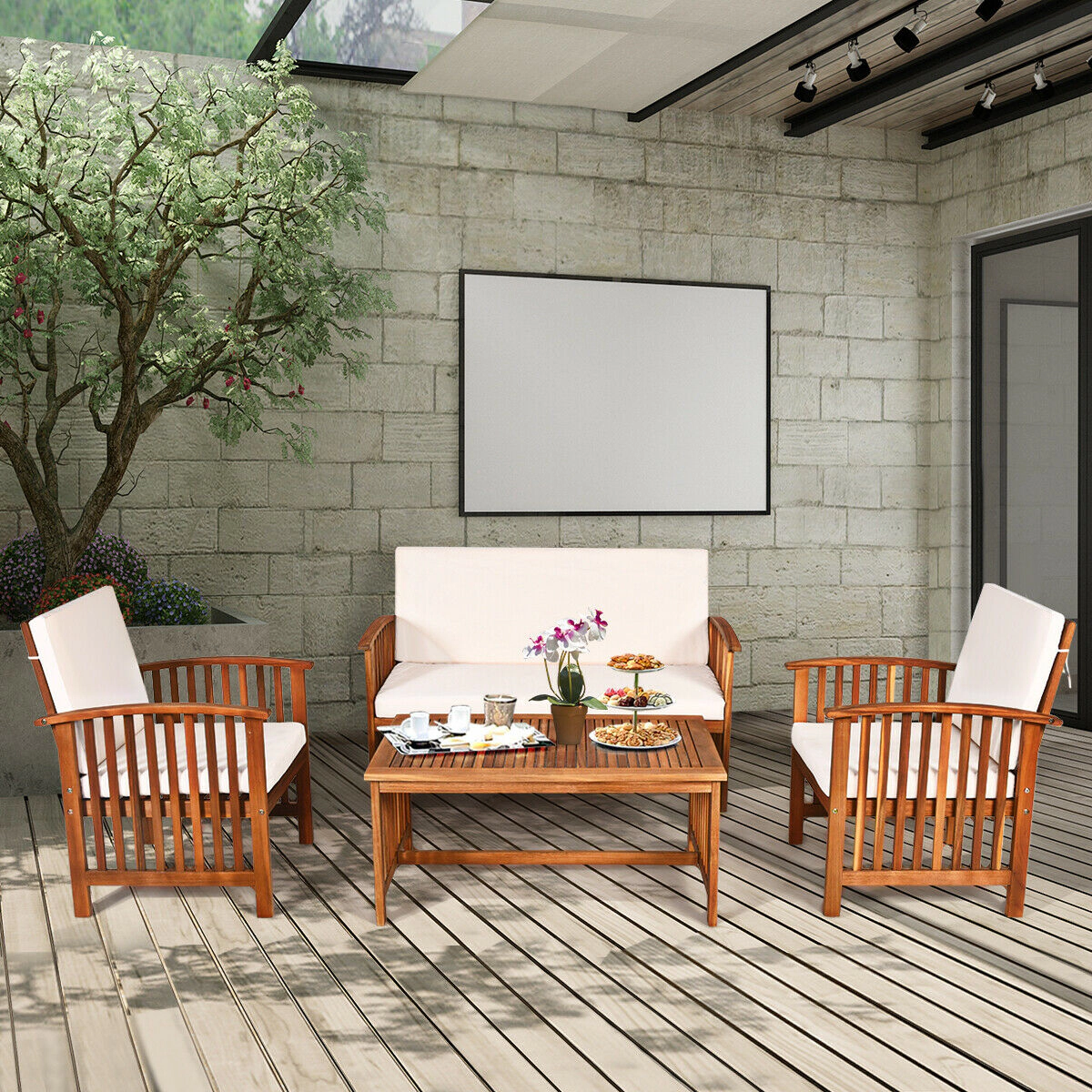SUGIFT Loveseat and Table 4-Piece Solid Acacia Wood Patio Sofa Set