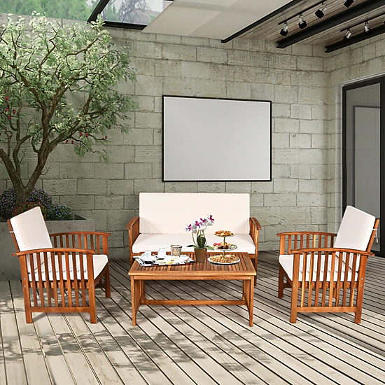 SUGIFT Loveseat and Table 4-Piece Solid Acacia Wood Patio Sofa Set
