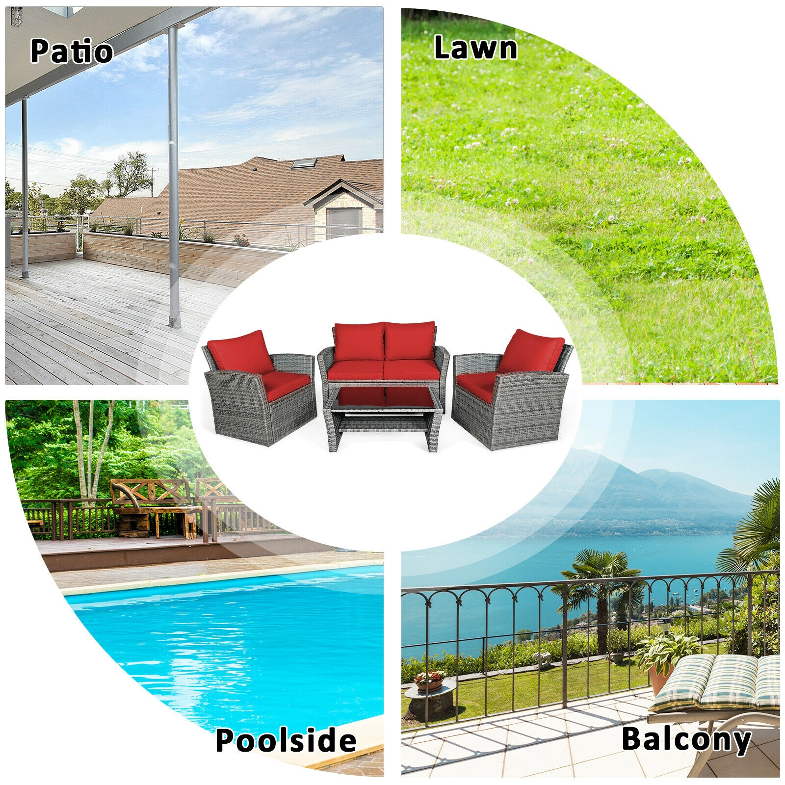 SUGIFT 4-Piece 800-lb Capacity Red Cushioned Rattan Outdoor Patio Sofa Set with Loveseat and Storage Table