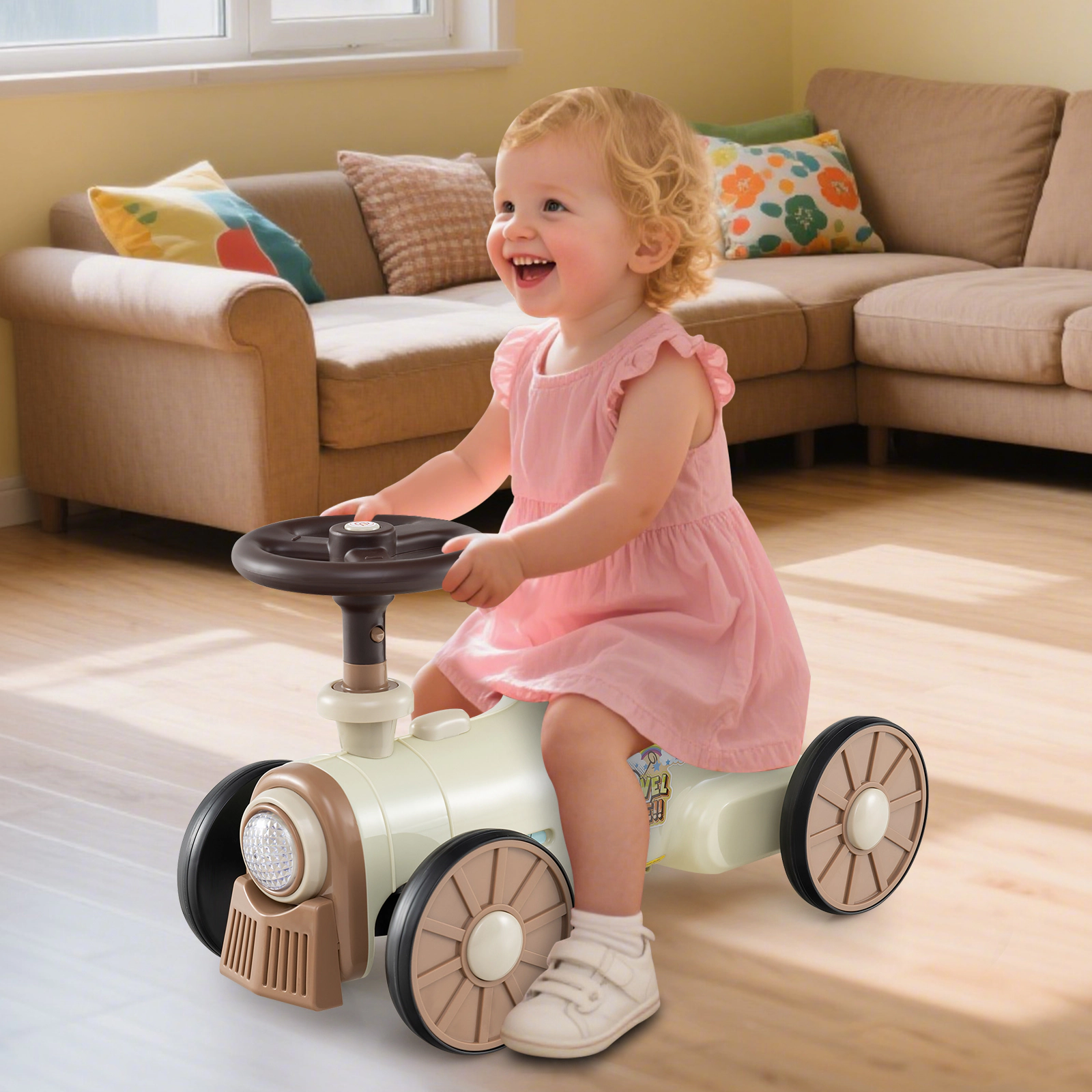 Toddler Push Car Sliding Ride On Toy Train Whistle Sound Button 35-Degree Ages 19-36 Months Beige