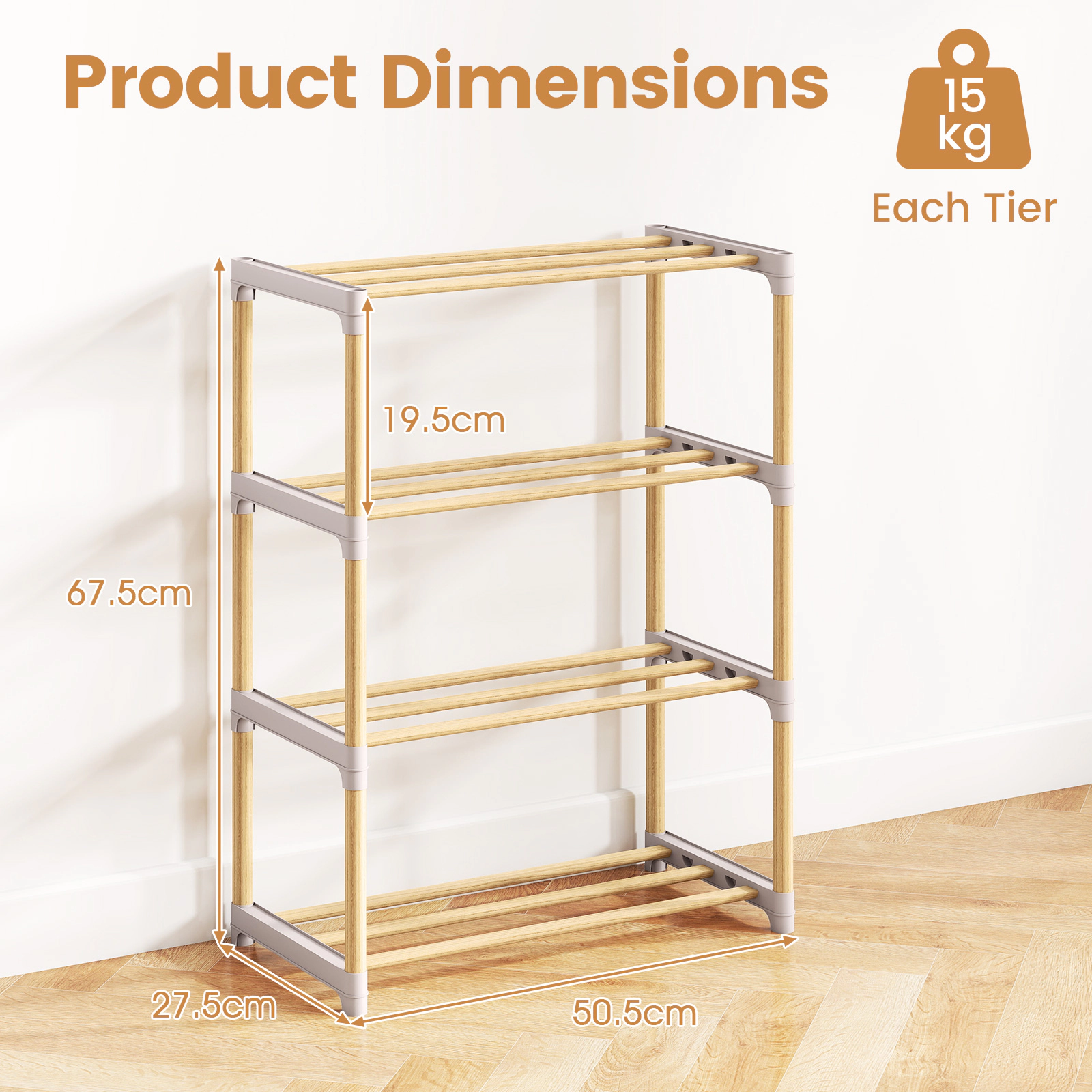 Glintex 4-Tier Pine Wood Shoe Rack with Slatted Shelves and Tool-Free Setup, Gray