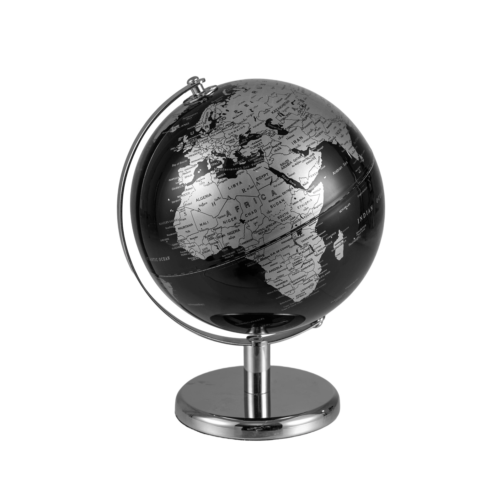 SUGIFT 8-in Rotating Decorative World Globe Interactive Desktop Learning Toy Black + Silver