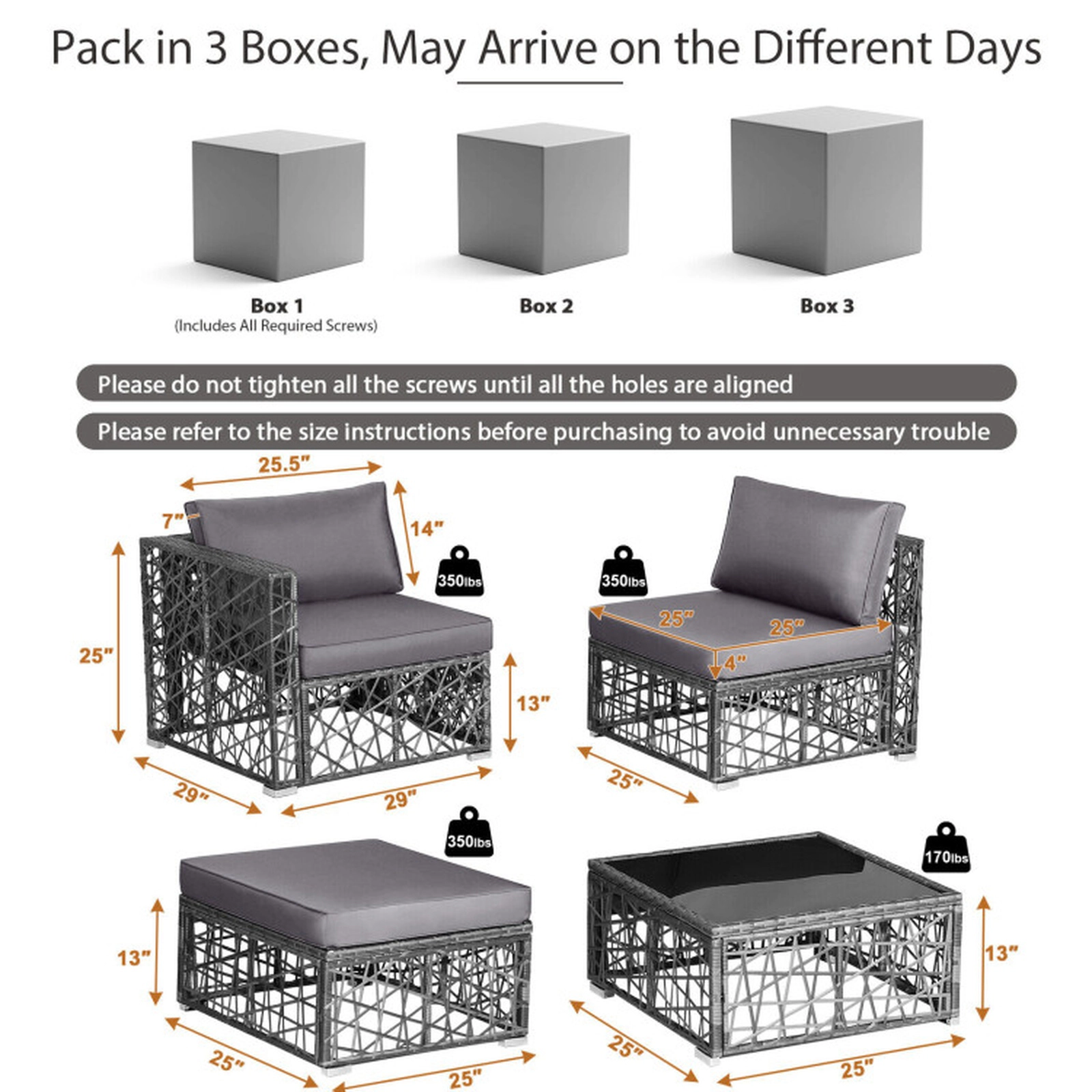SUGIFT 5-Piece Gray Patio Wicker Sectional Sofa Set with Ottoman and Glass Table 13-in Seat H 350-lb Sofa Capacity