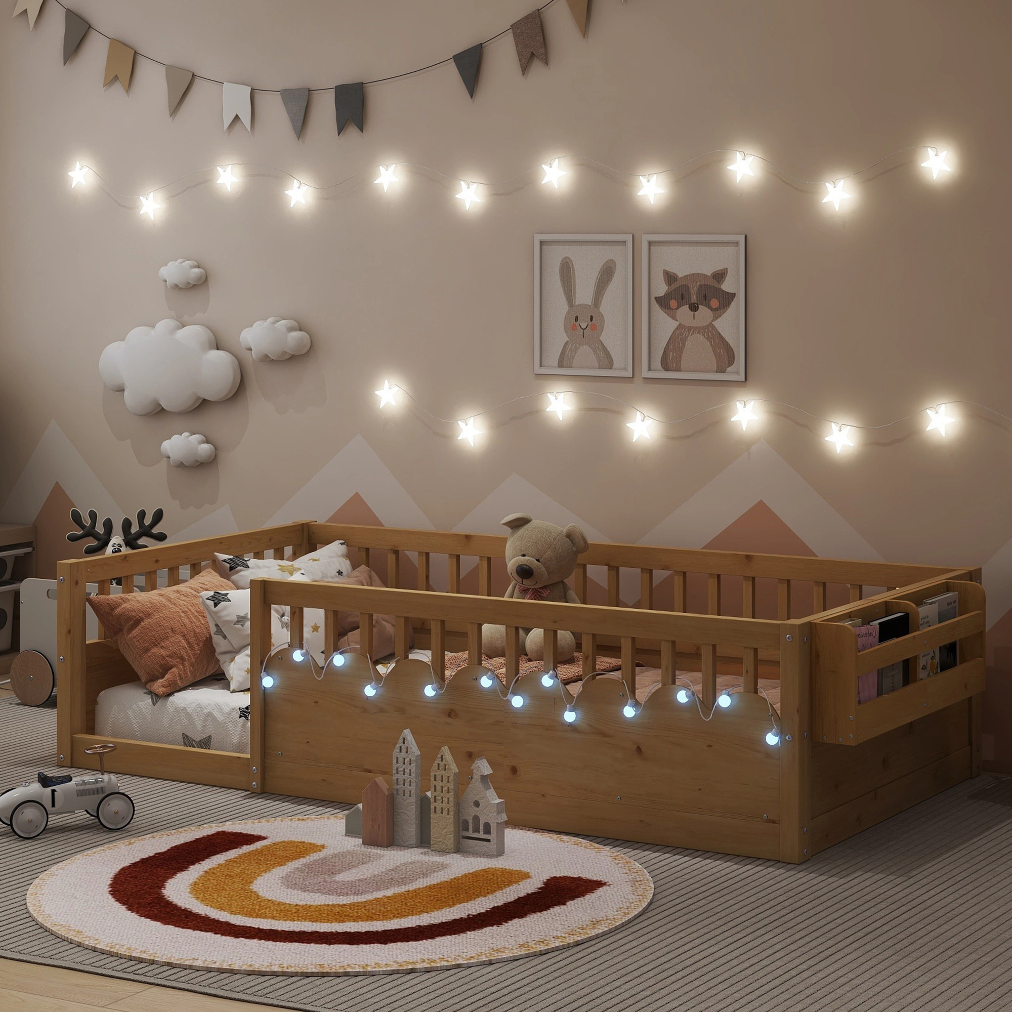 Flynama Twin Montessori Floor Bed with High Rails, Light & Storage Shelf, Natural