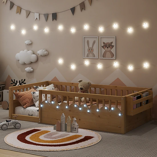 Flynama Twin Montessori Floor Bed with High Rails, Light & Storage Shelf, Natural