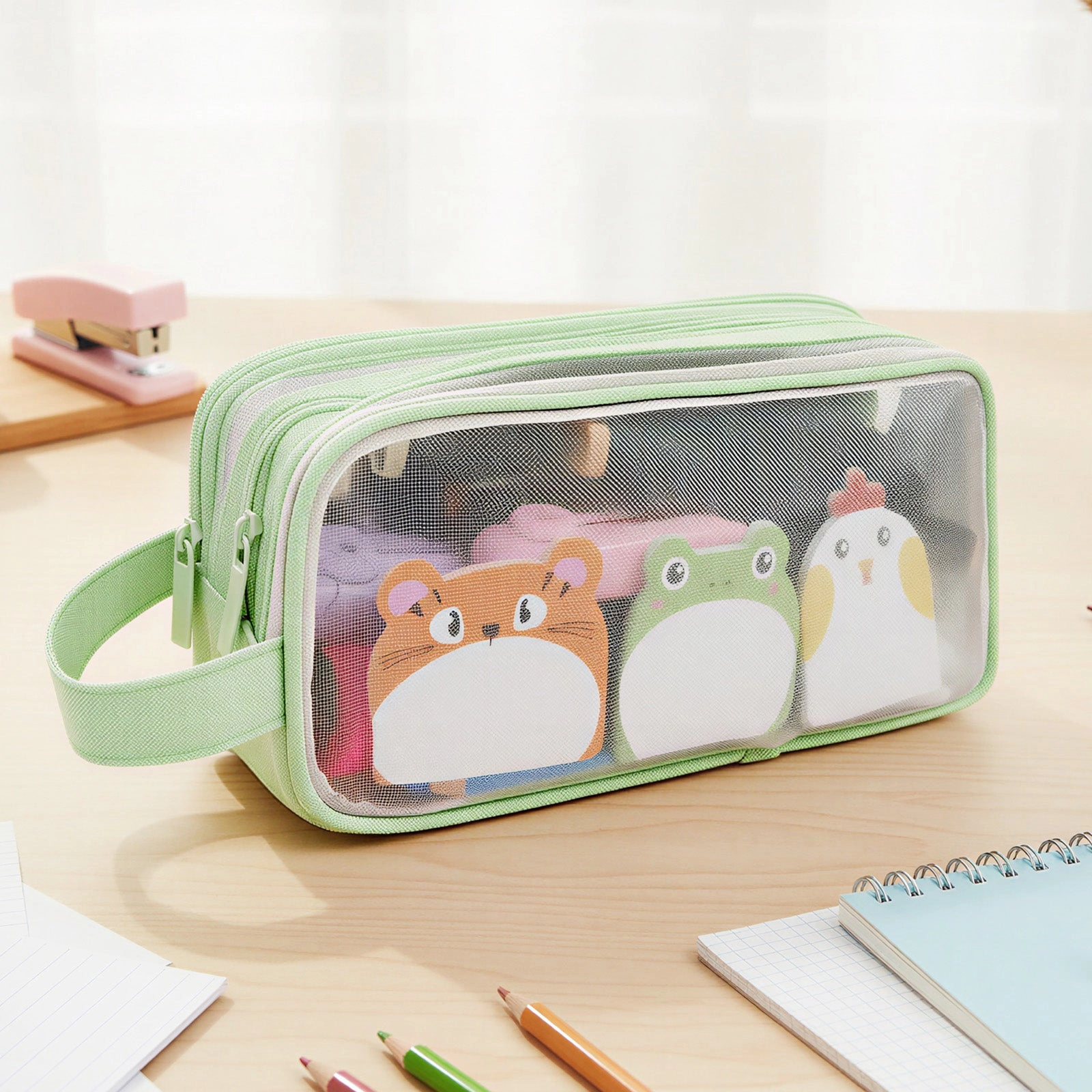 Wrapables 2-Compartment Transparent Mesh Pencil Case for Stationery, Makeup and Travel
