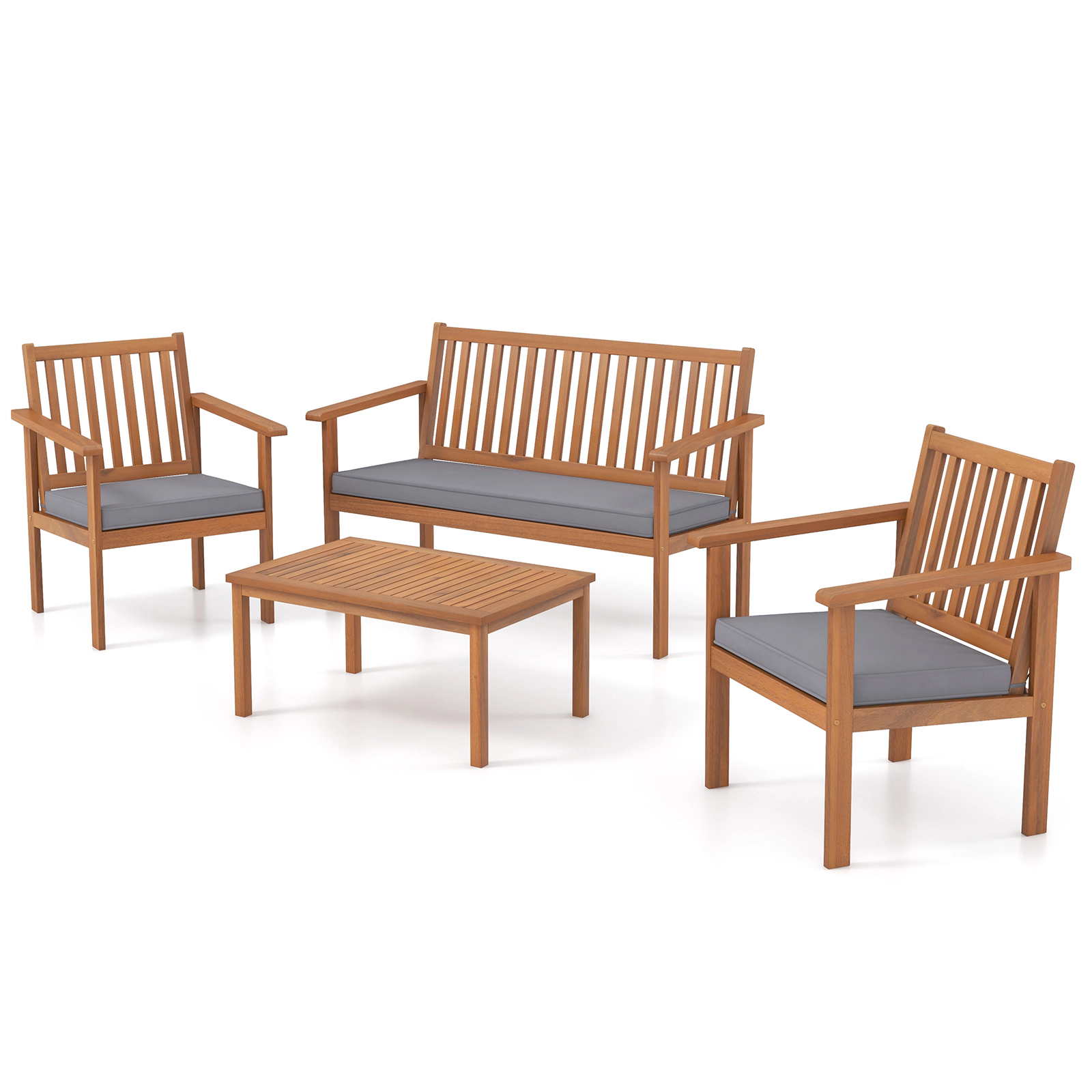 SUGIFT 4-Piece Gray Acacia Wood Patio Conversation Set with Loveseat, Armchairs and Coffee Table