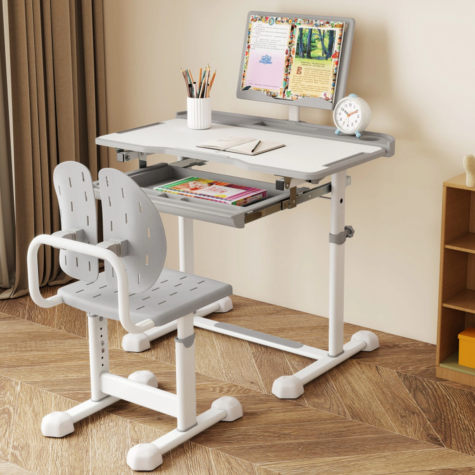 SUGIFT Gray Hand Crank Tilt Desktop and Book Stand Kids Study Desk and Chair Set