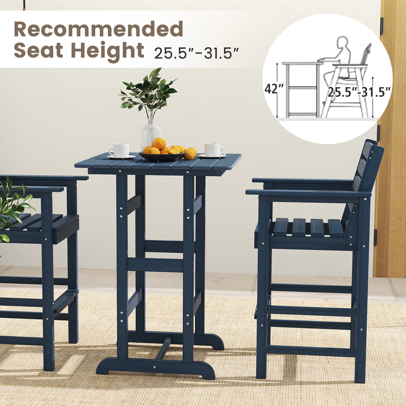 SUGIFT 30-in Square HDPE Patio Bar Table with Slatted Tabletop 42-in Tall 135-lb Capacity 1-Piece Navy