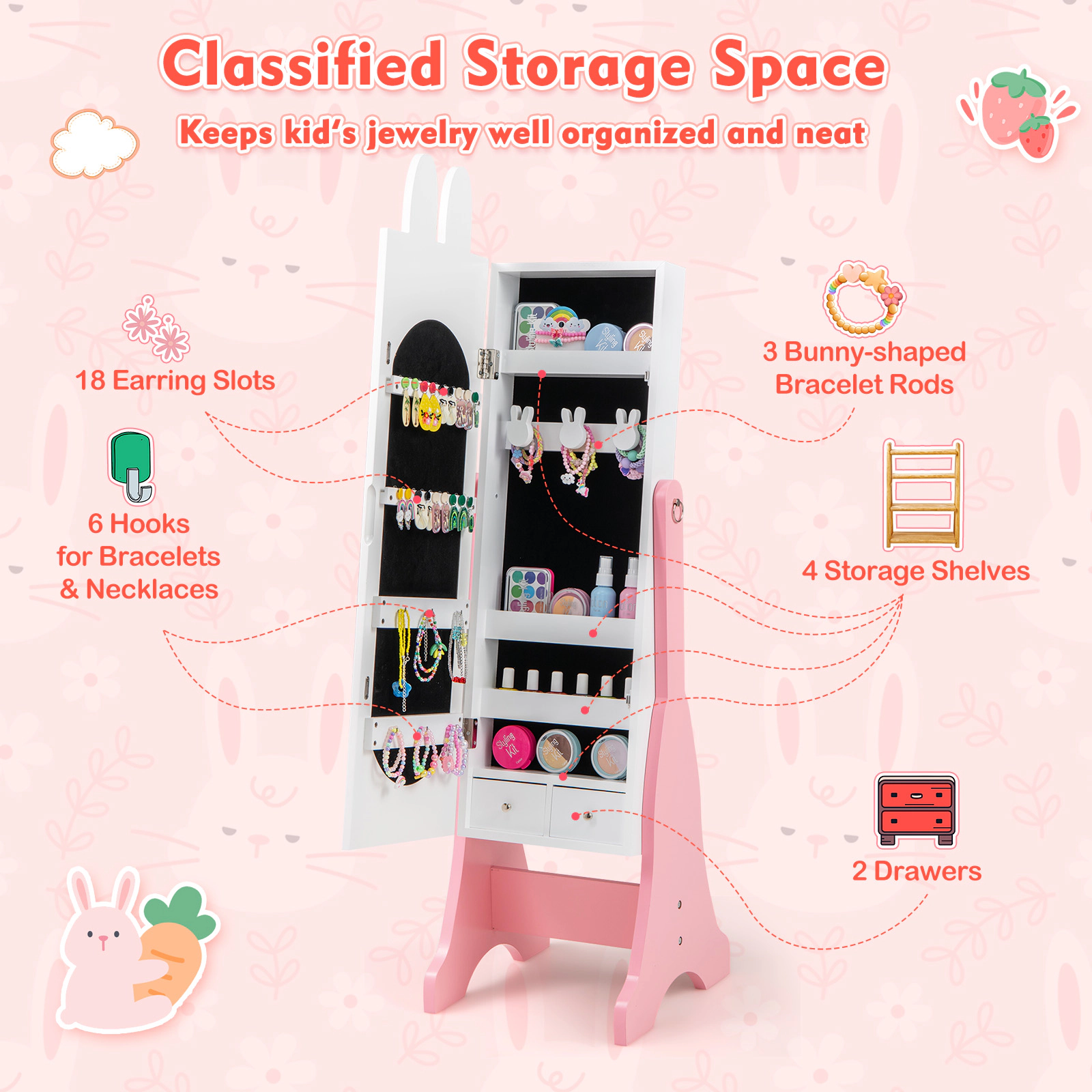 SUGIFT 45-in Kids Dress-Up Mirror Cabinet Full-Length Jewelry Armoire with 2 Tilt Angles Hooks and Drawers