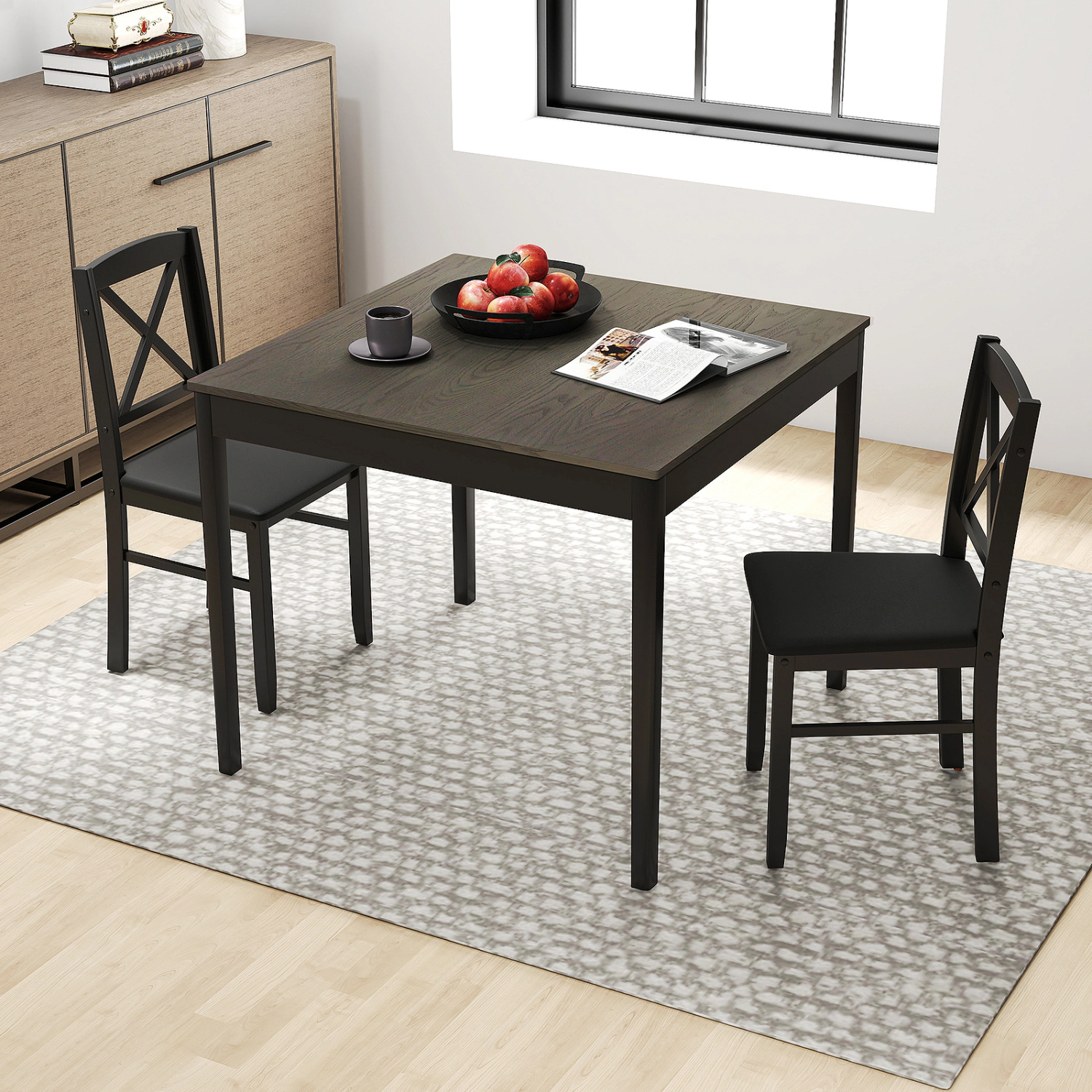LJG 3-Piece Dining Table Set Wooden Square Kitchen for 2 People
