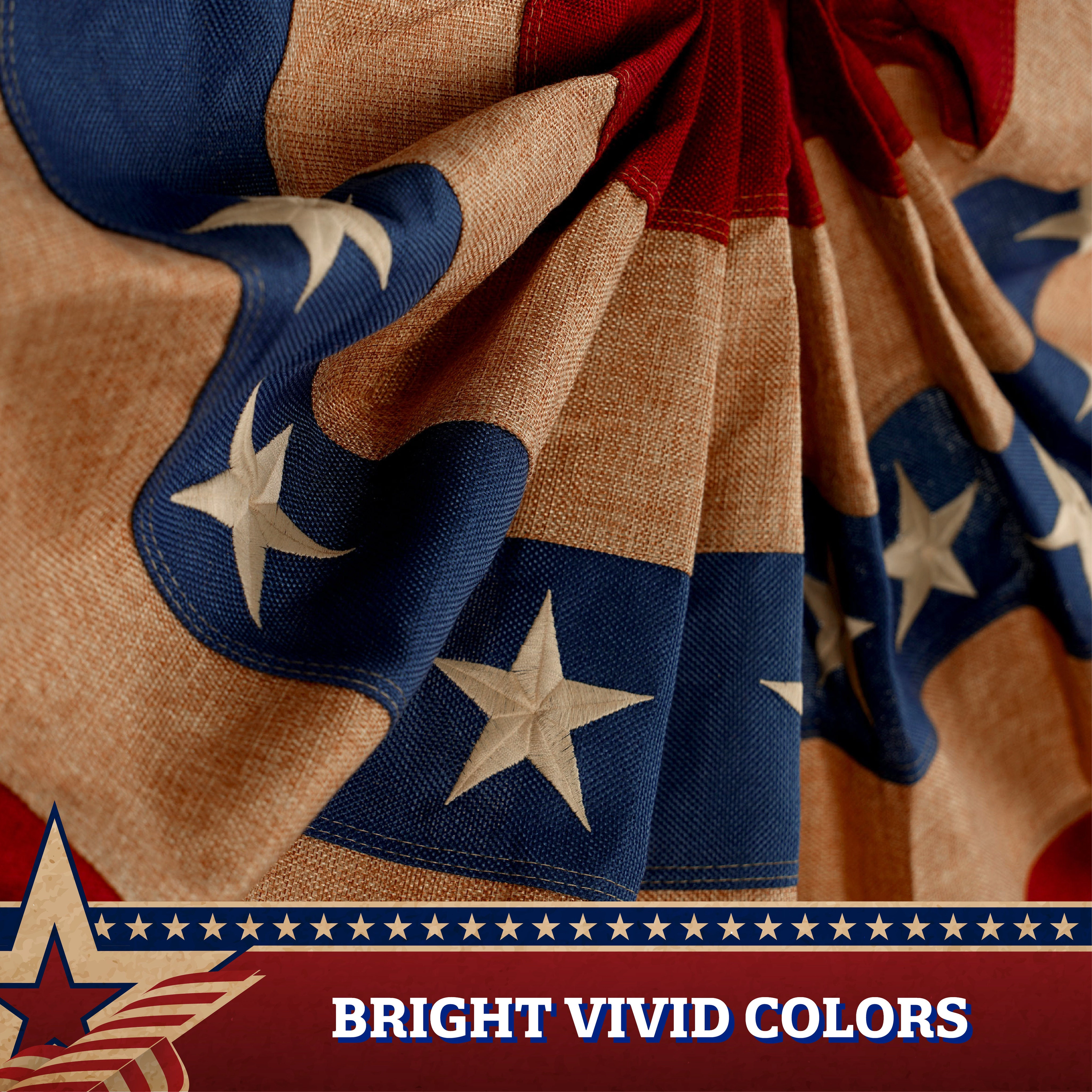 G128 3-Pack USA Pleated Fan Flags 3x6 ft - Tea-Stained Burlap Look, Embroidered Polyester Stars and Stripes