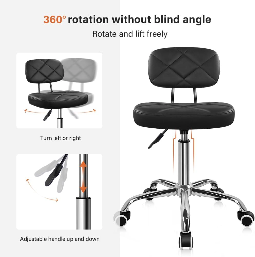 KKTONER Office Chair with Back Office Stool with Wheels Height Adjustable Square stools for Drafting Home Work (Black)