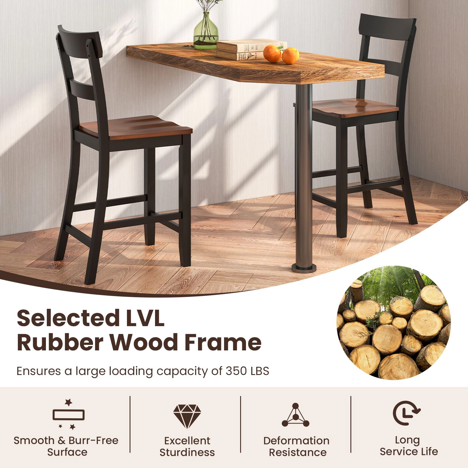 SlickBlue Farmhouse Bar Stools, Rubber Wood Frame, Brown Seat, 350 lbs