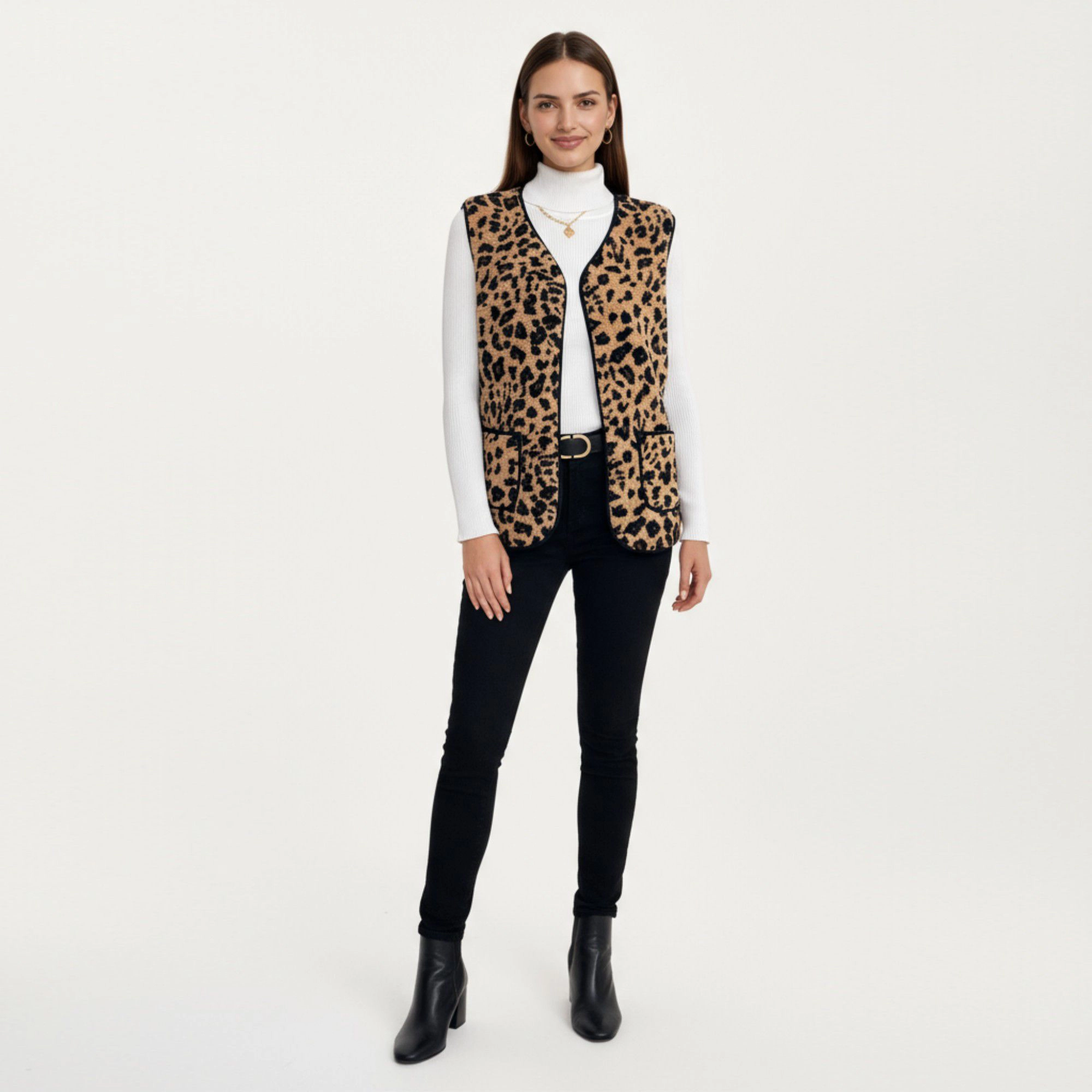 Anna-Kaci Women's Leopard Print Open Front Vest with Contrast Trim and Pockets