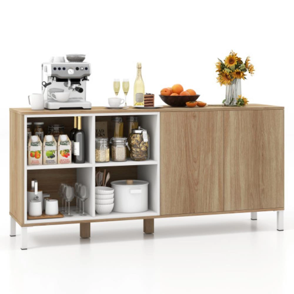 Hivvago 63 Inches Buffet Sideboard With 4 Compartments And Push-To-Open Cabinet-Natural