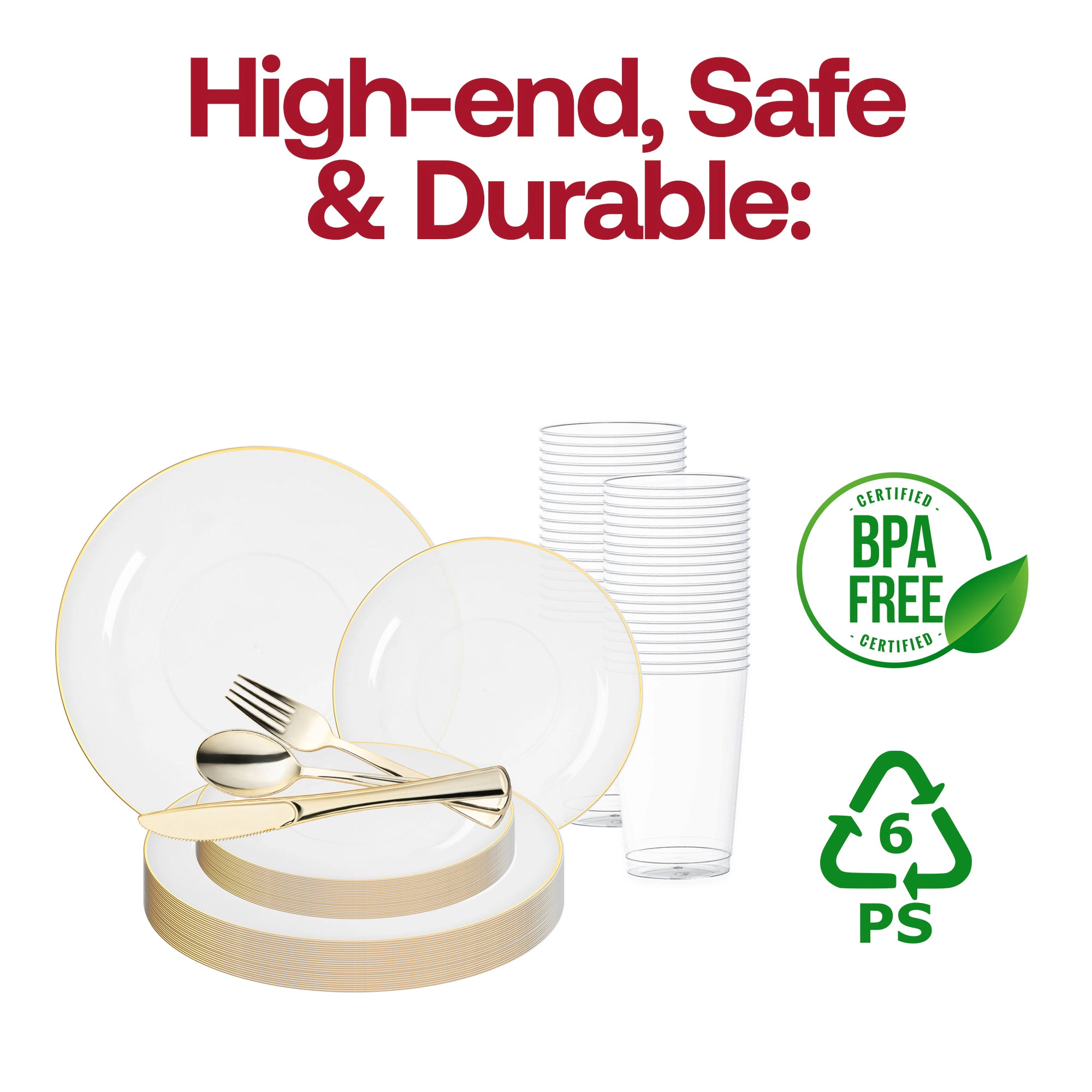 Smarty Had A Party Clear with Gold Rim Organic Round Plastic Wedding Value Set