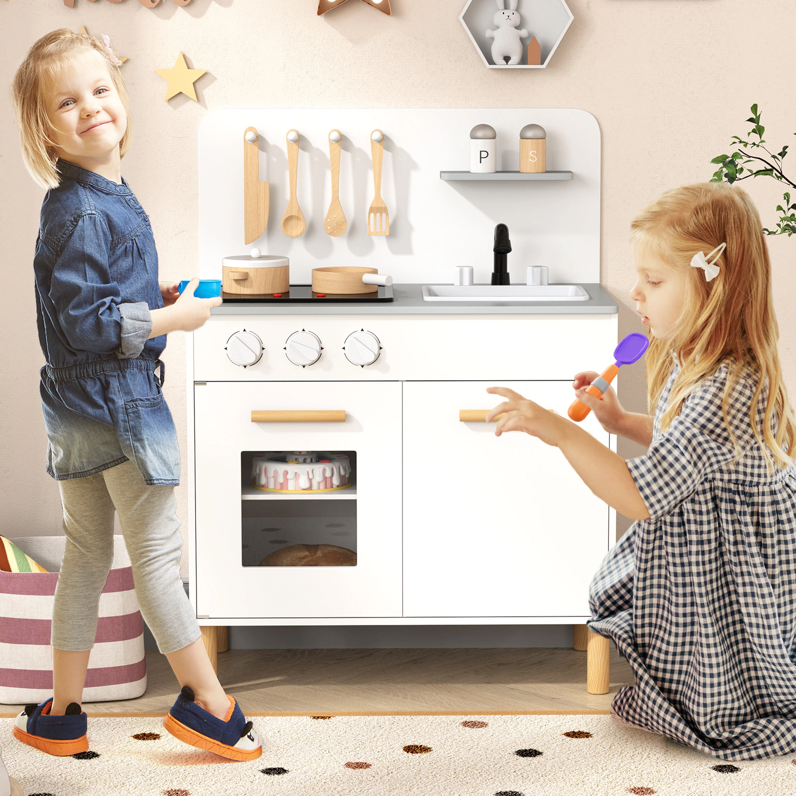 Kids Kitchen Playset with Dual Lighted Stoves Removable Sink Rotatable Faucet and Pine Legs 22-in x 12-in x 30-in White