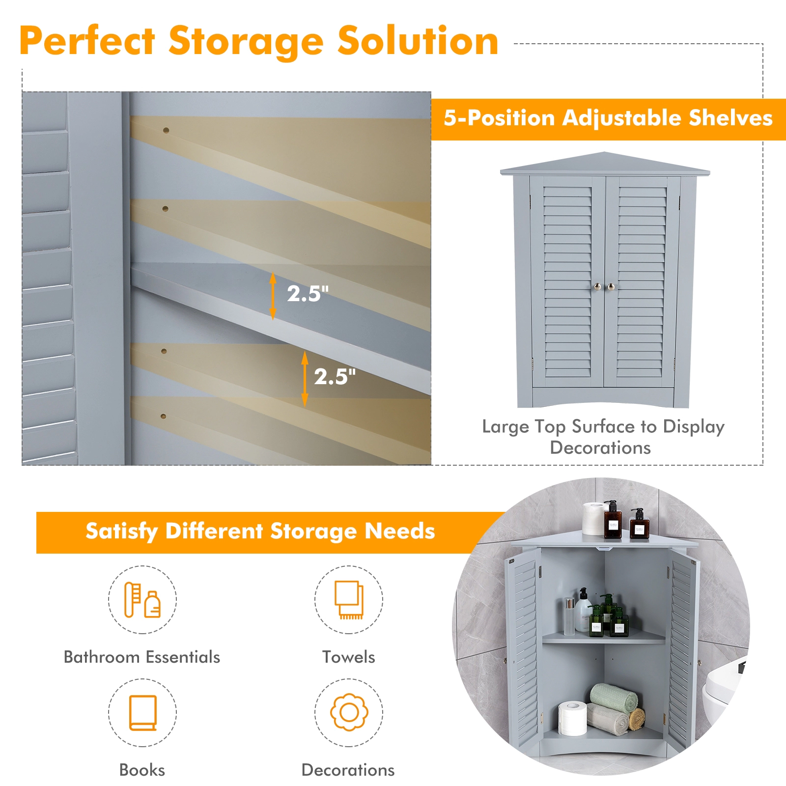 SUGIFT Gray 66-lb Capacity Corner Bathroom Storage Cabinet with Shutter Door and Adjustable Shelf