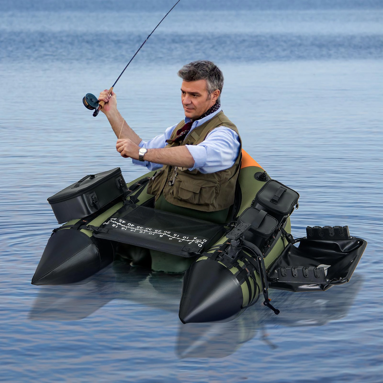 SUGIFT Portable Inflatable Fishing Boat Water Toy with 3 Detachable Storage Boxes 287-lb Capacity Camouflage Green