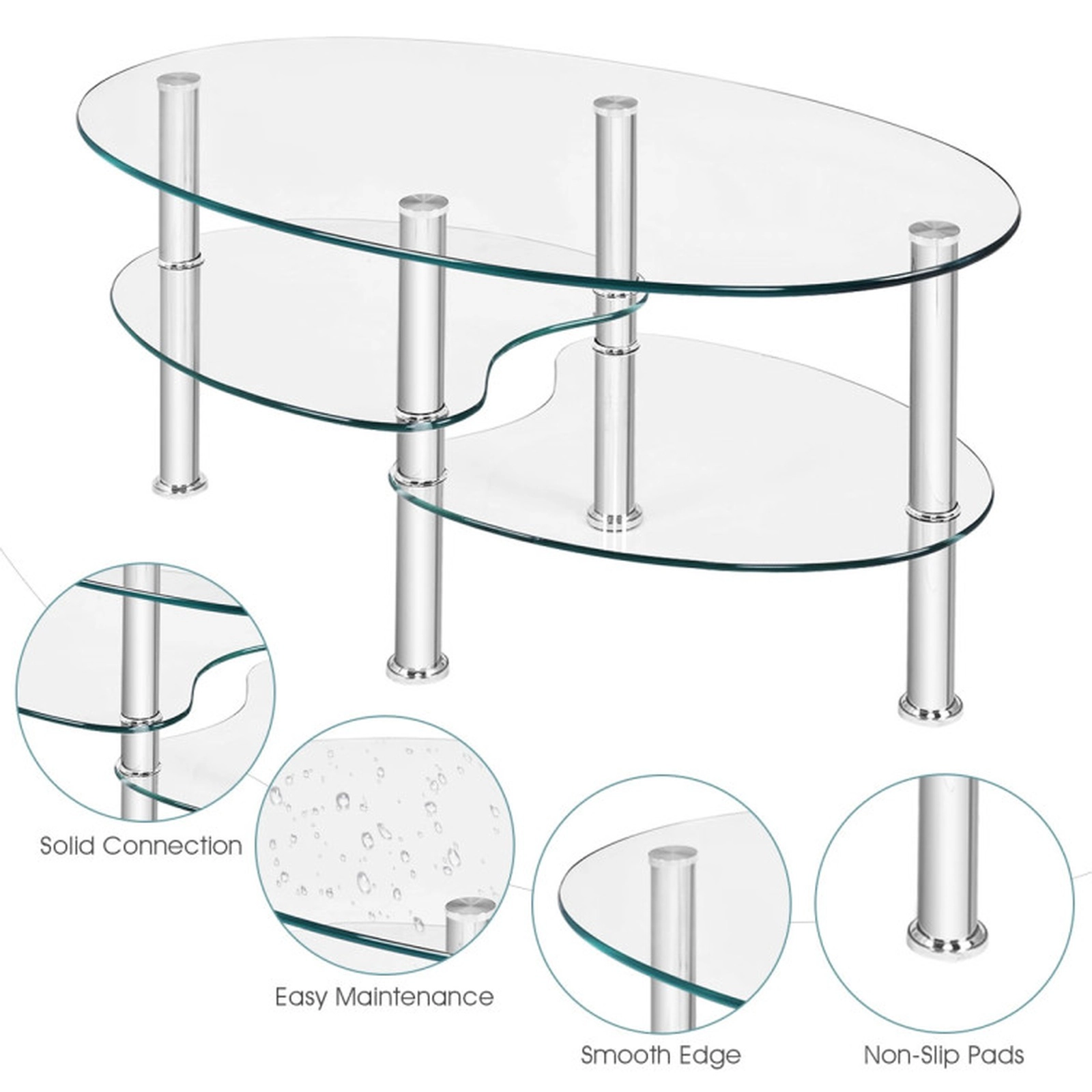 SUGIFT Tempered Glass Oval Side Coffee Table with 2 Shelves 90-lb Top Capacity 35-in Long Black/Transparent