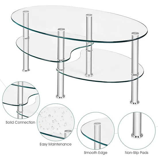 SUGIFT Tempered Glass Oval Side Coffee Table with 2 Shelves 90-lb Top Capacity 35-in Long Black/Transparent