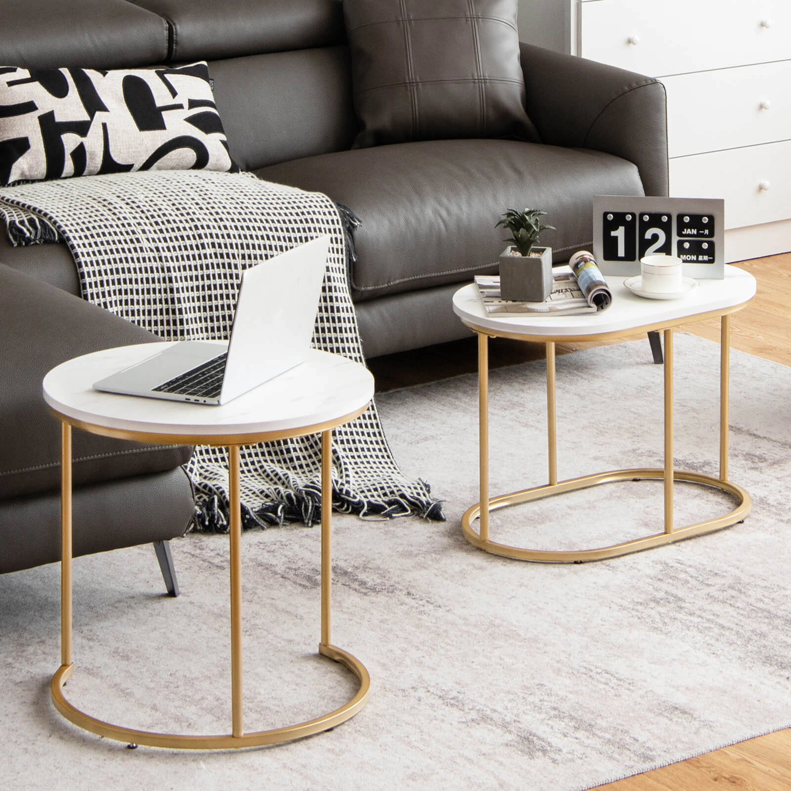SUGIFT Modern Nesting Coffee Table Set of 2 with MDF Tops Accent Tables 22-lb and 44-lb Capacity Marble and Golden