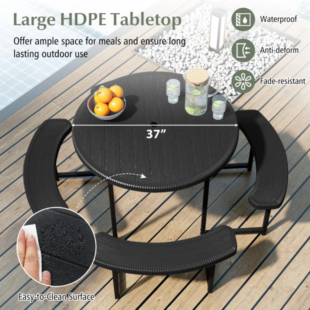 Hivvago Round Picnic Table Bench Set With 4 Benches And Umbrella Hole For Patio Lawn