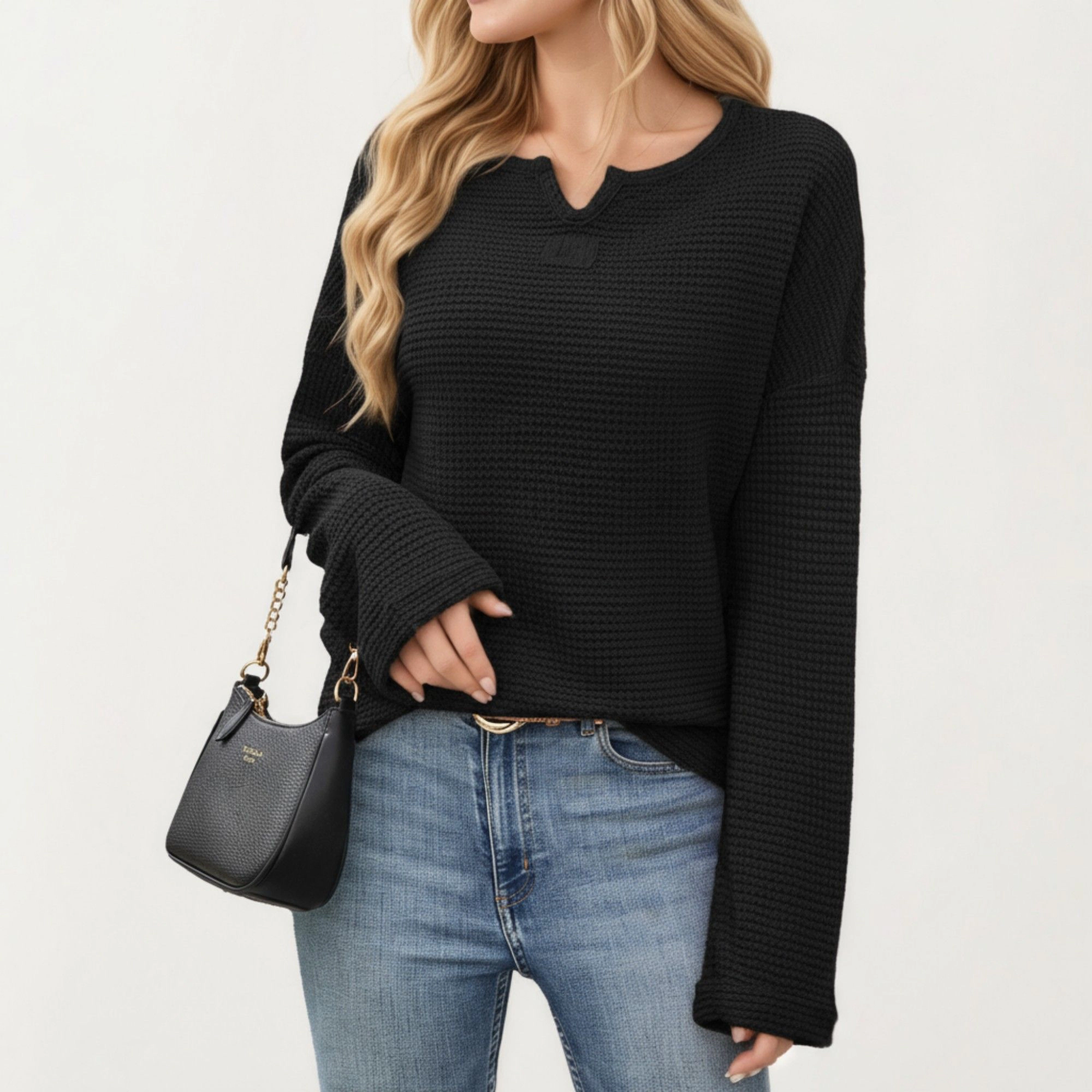 Anna-Kaci Women's Textured Split Neck Relaxed Fit Long Sleeve Knit Pullover Top