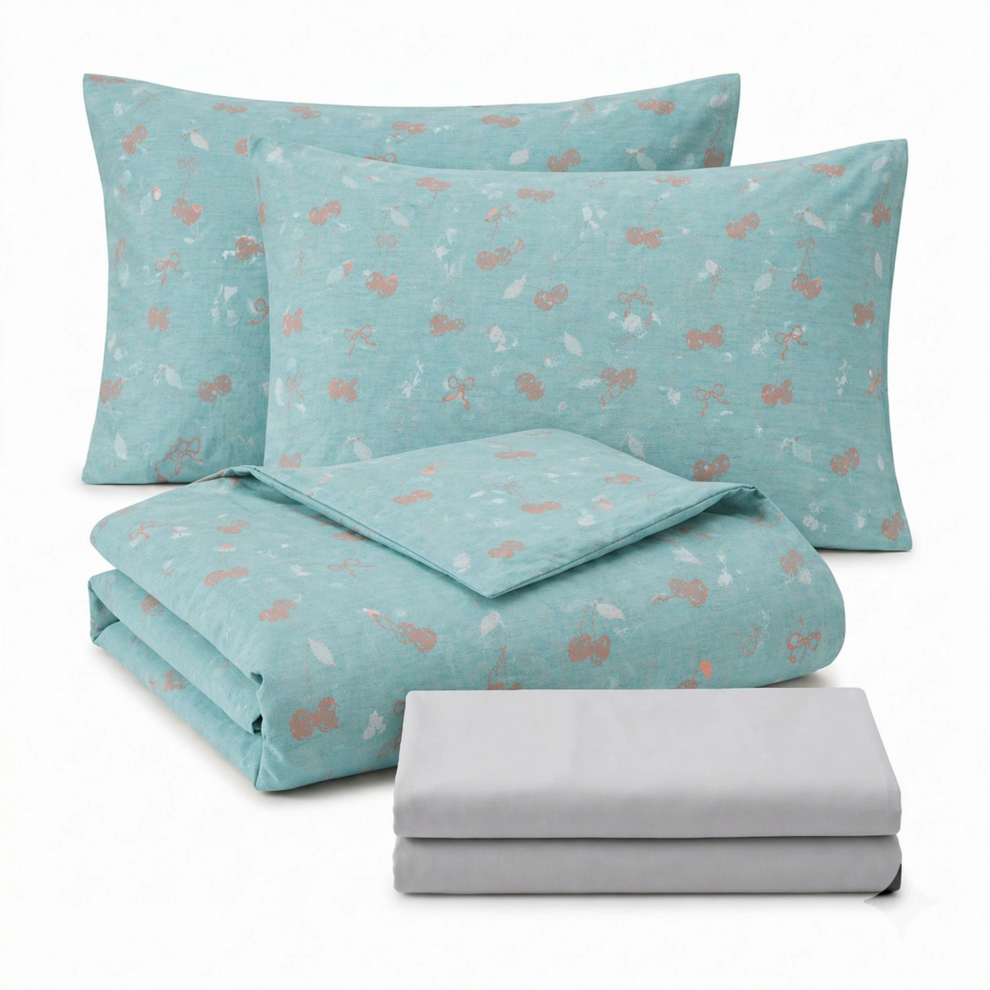Alilang Unisex 4-Piece Cotton Bedding Set with Cherry Print Duvet Cover and Pillowcases
