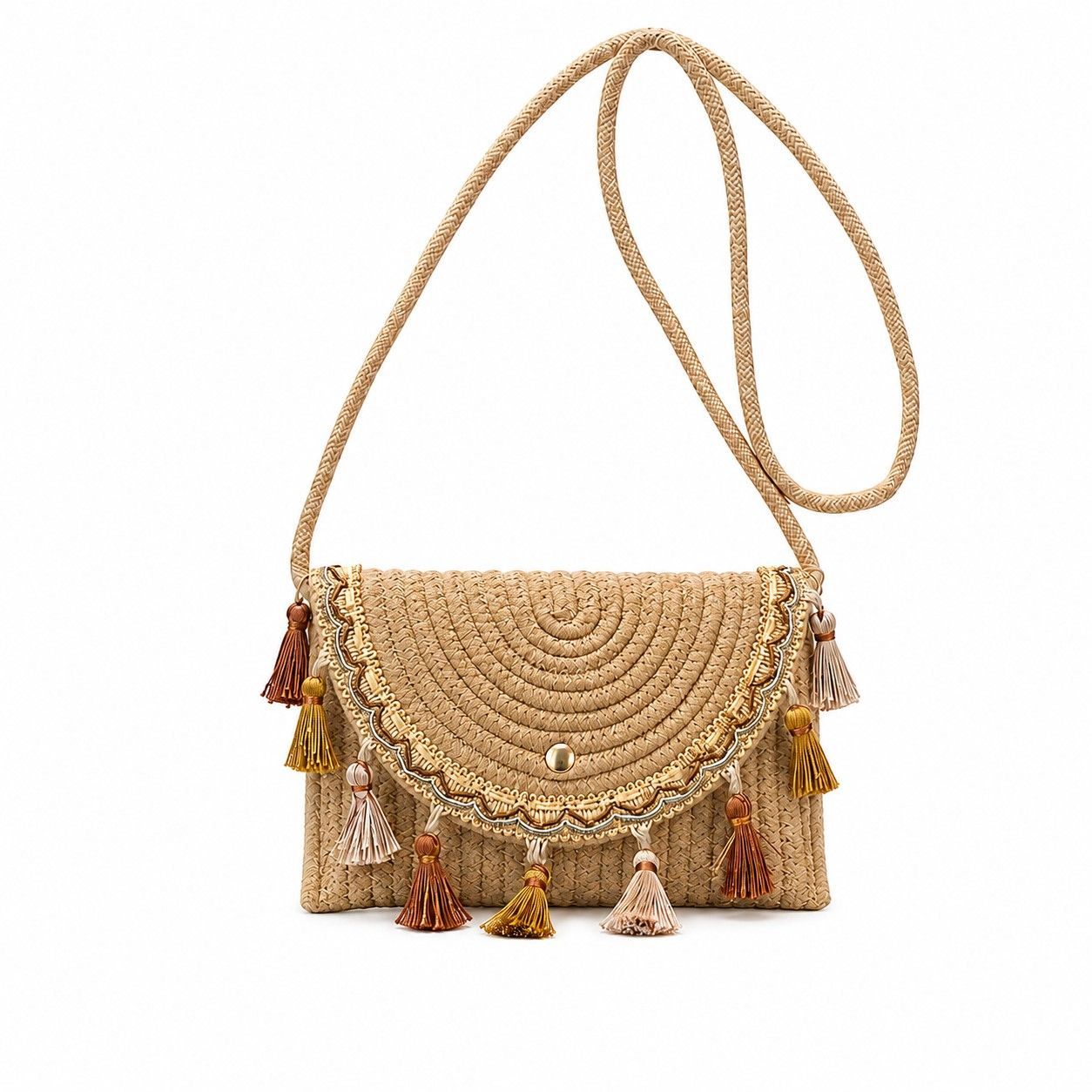 Alilang Women's Boho Woven Fabric Crossbody Bag with Tassel Trim and Magnetic Closure, Beige