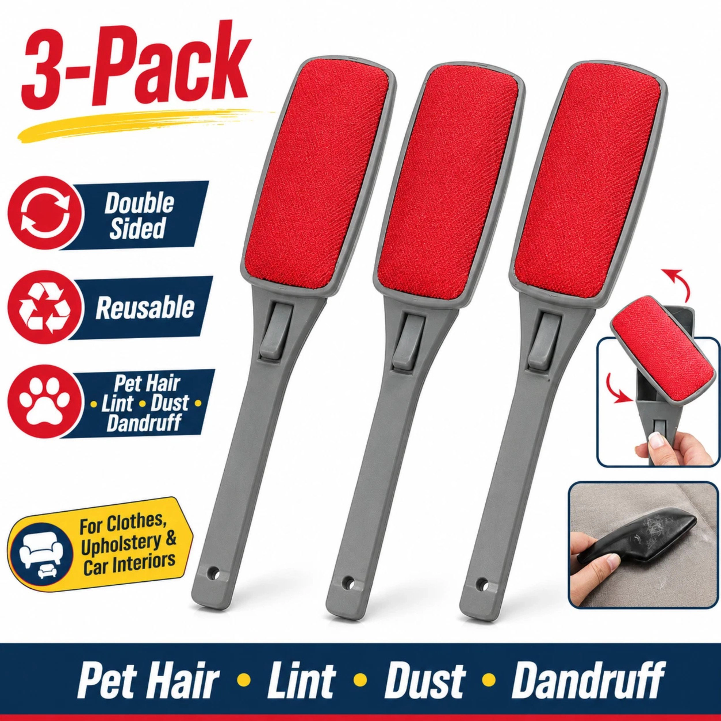 Home Collection Pack of 3 Double-Sided Swivel Lint Brush Pet Hair & Dust Remover